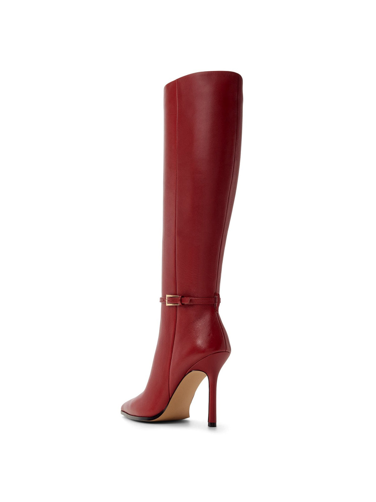 Red Pointed-Toe Buckle Strap Full-Zip Knee High Stiletto Boots