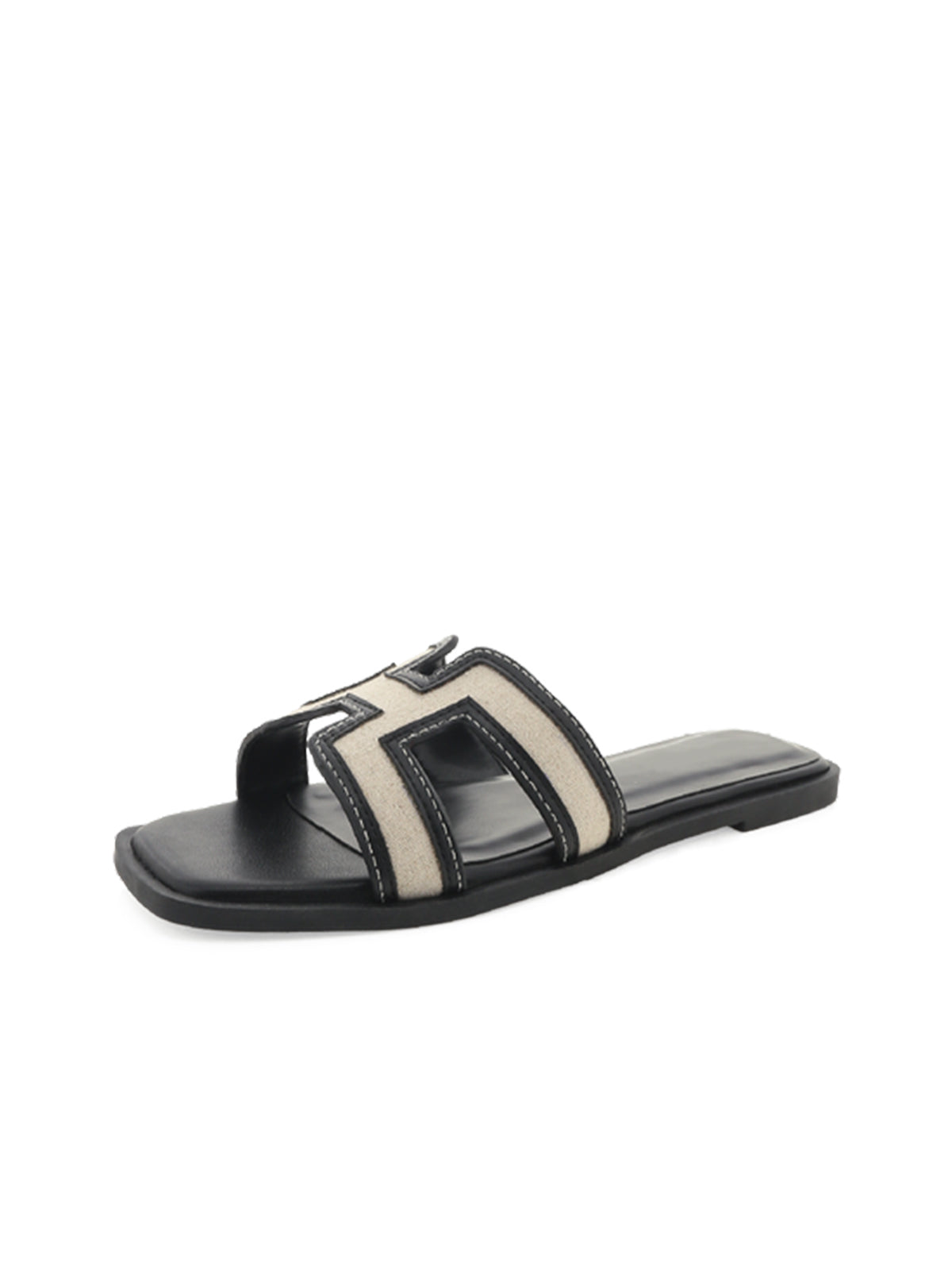 Black And Wheat Open Square-Toe Slip-On Simple Sandals Flats