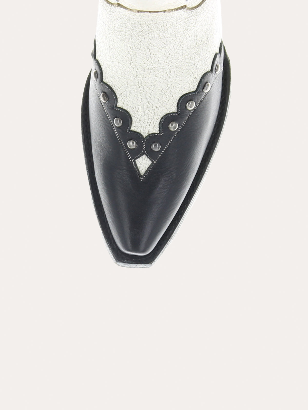 Contrast Distressed Ivory And Black Snip-Toe Butterfly Applique And Studs Wide Mid Calf Cowgirl Boots