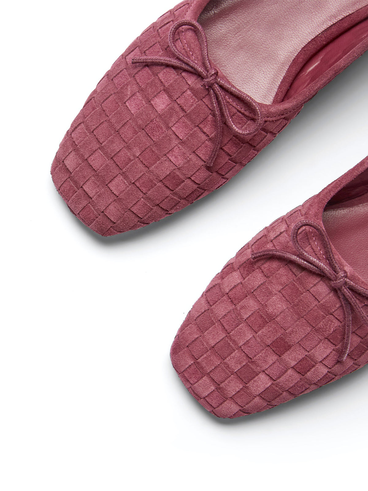 Wine Red Faux Suede Woven Square-Toe Front Bow Ballet Flats