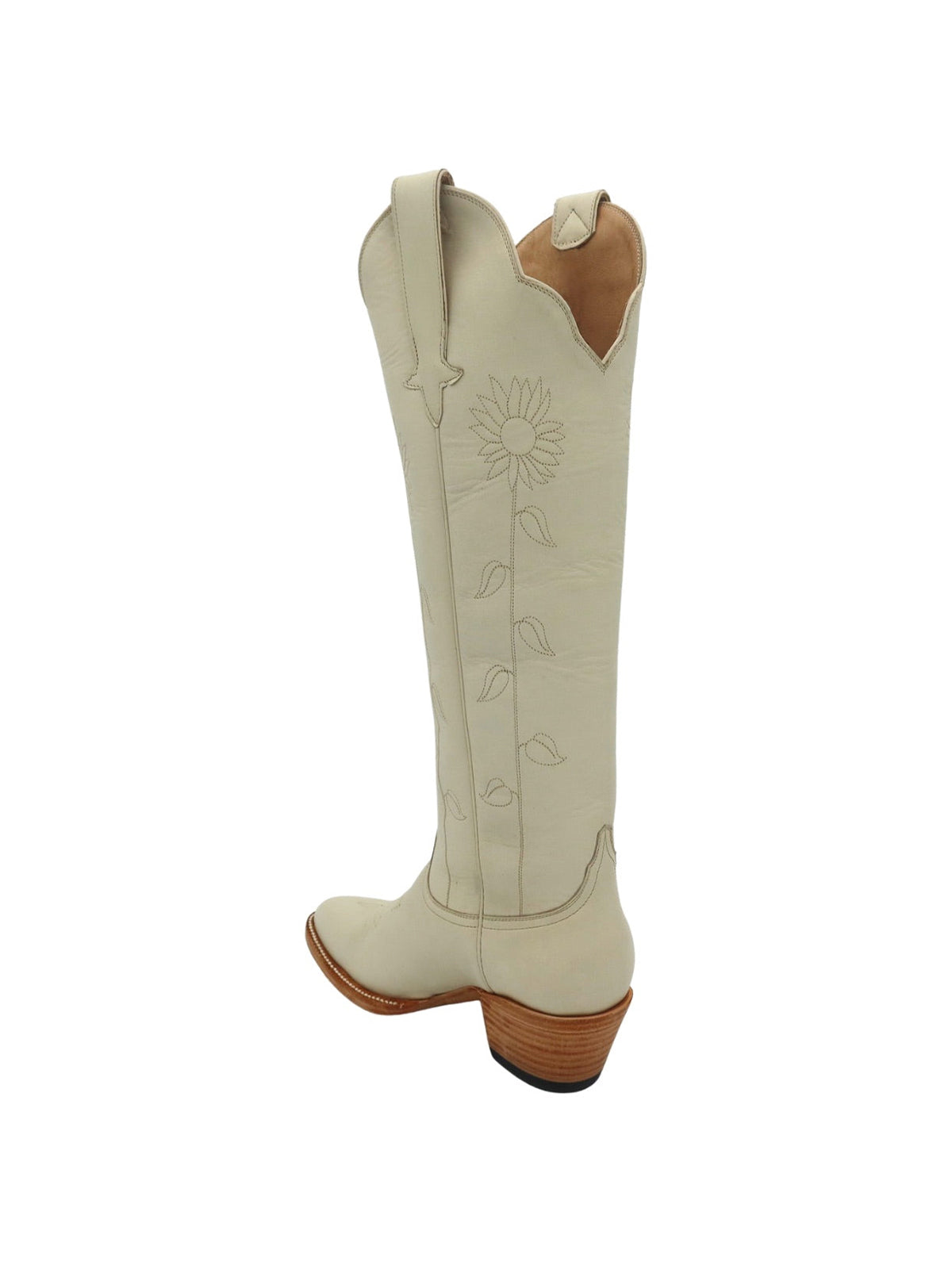 Bone Almond-Toe Delicate Flower Embroidery Wide Calf Knee High Cowgirl Boots