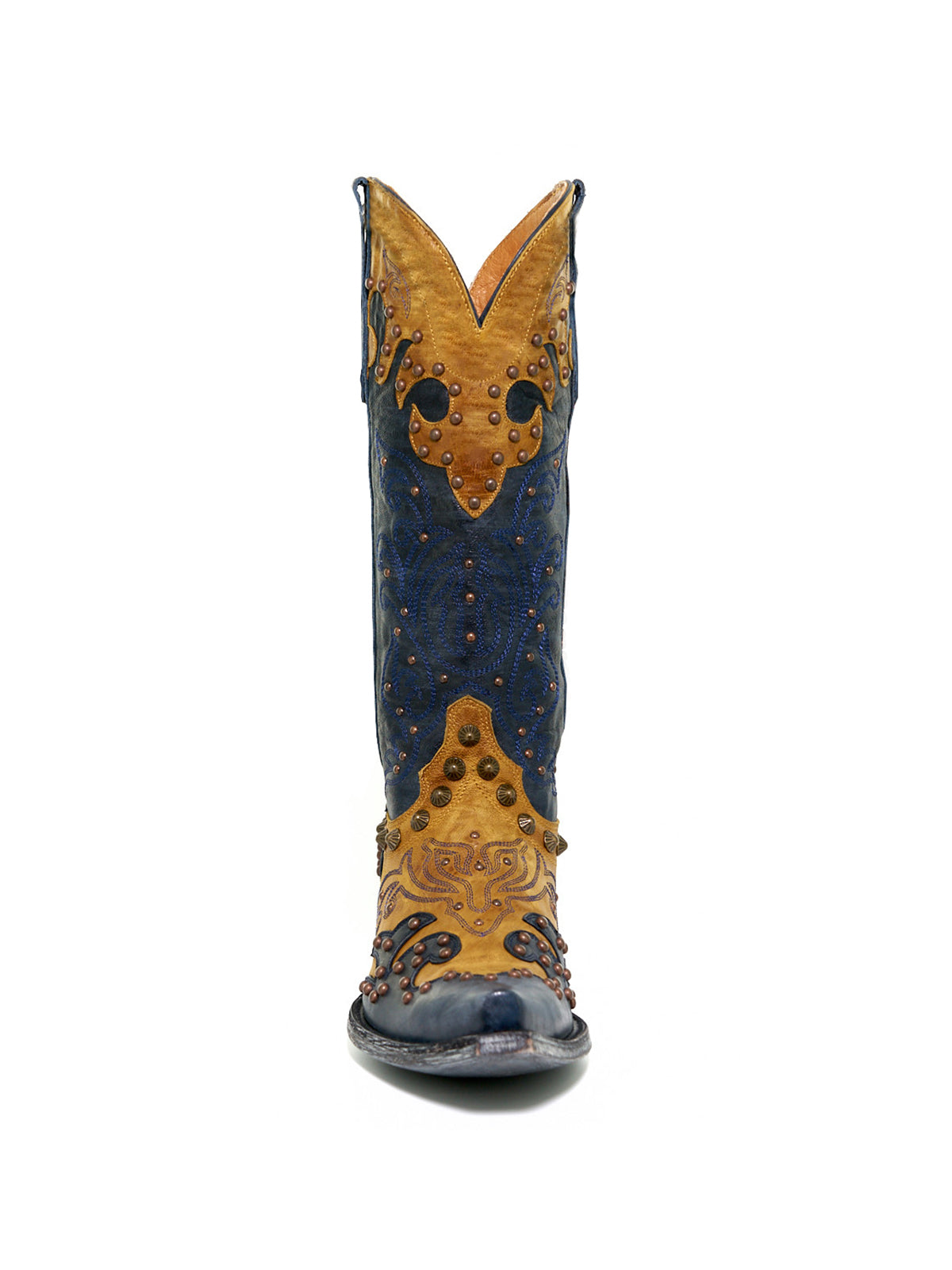 Contrast Navy And Tan Snip-Toe Studs And Embroidery Mid Calf Cowgirl Boots