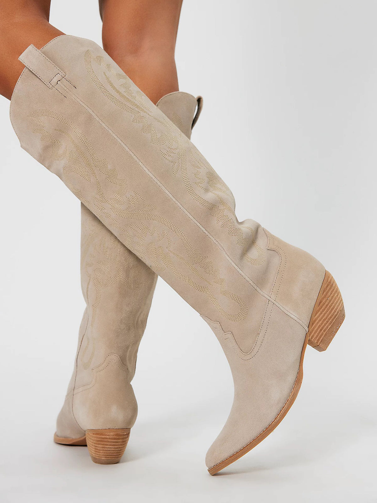 Beige Faux Suede Pointed-Toe Embroidery Wide Calf Knee High Cowgirl Boots For Women