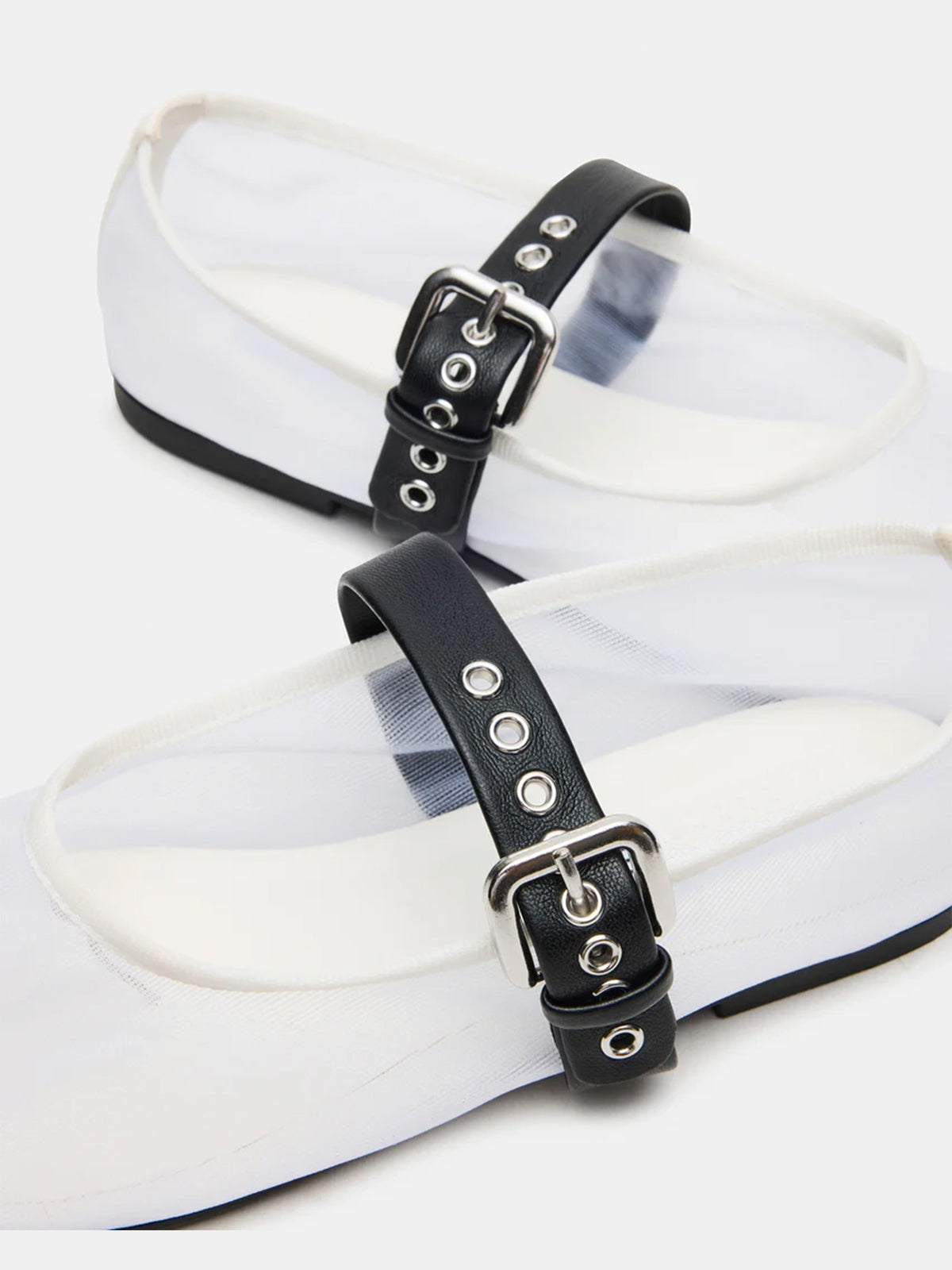 White Mesh Round-Toe Bridge Buckle Strap Ballet Flats