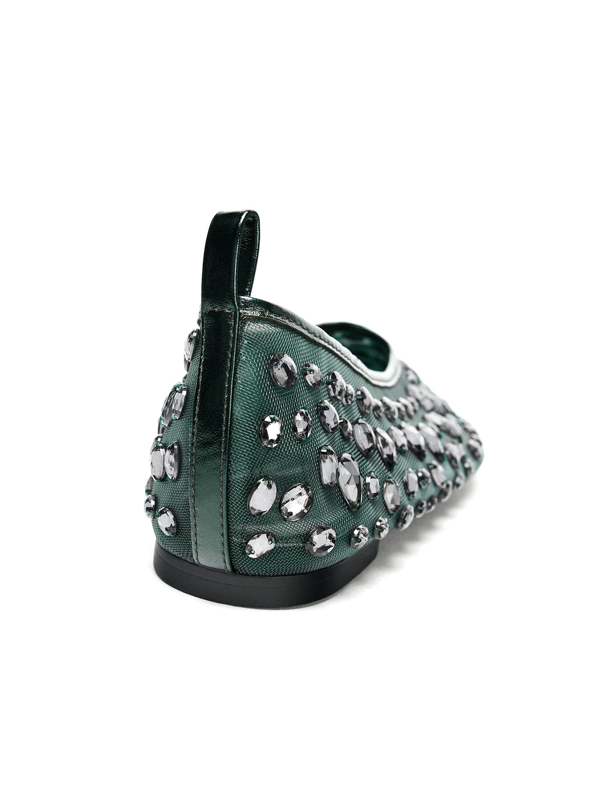 Green Mesh Round-Toe Full Crystals Ballet Flats