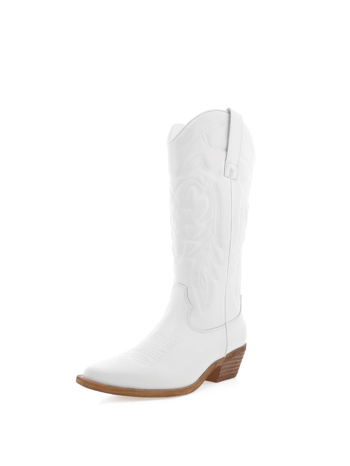 White Pointed-Toe Embroidery Western Mid Calf Cowgirl Boots