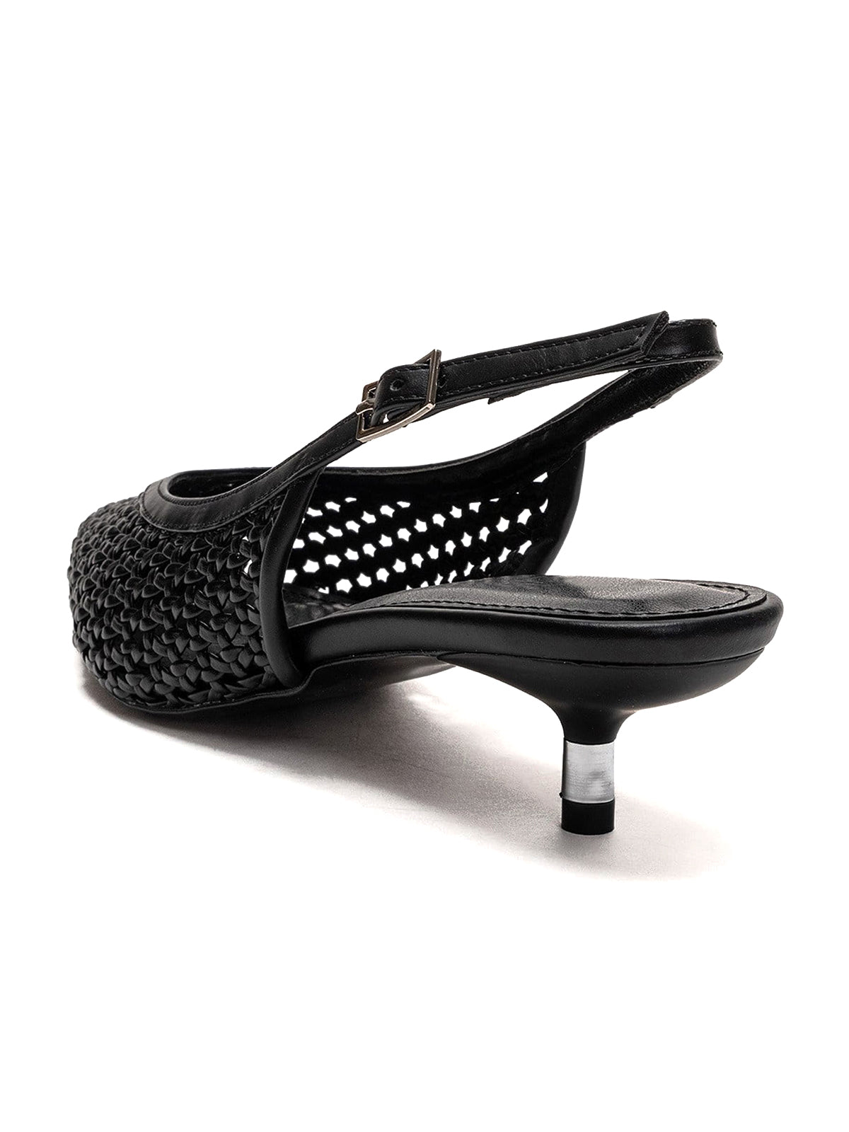 Black Woven Vegan Leather Pointed-Toe Classic Back Strap Pumps Kitten Heels