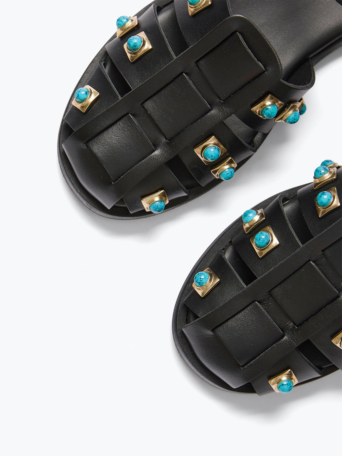 Black Round-Toe Fisherman Sandals With Turquoise Stones