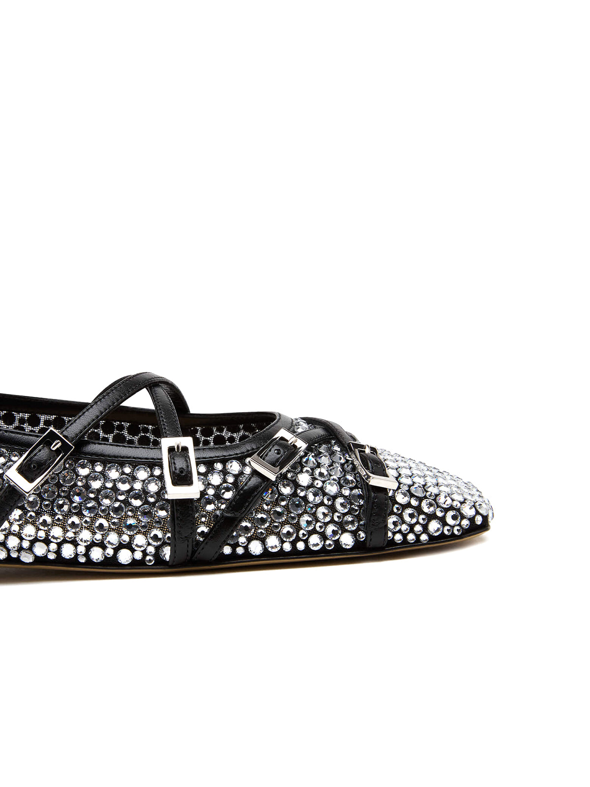 Black Rhinestone Mesh Square-Toe Strappy Ballet Flats
