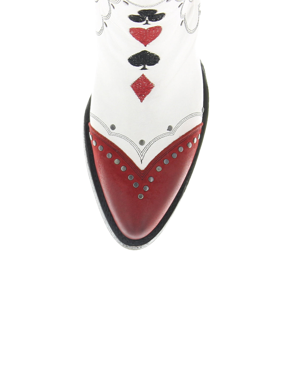 Contrast White And Red Almond-Toe Playing Card Embroidery Studs Ankle Cowgirl Boots