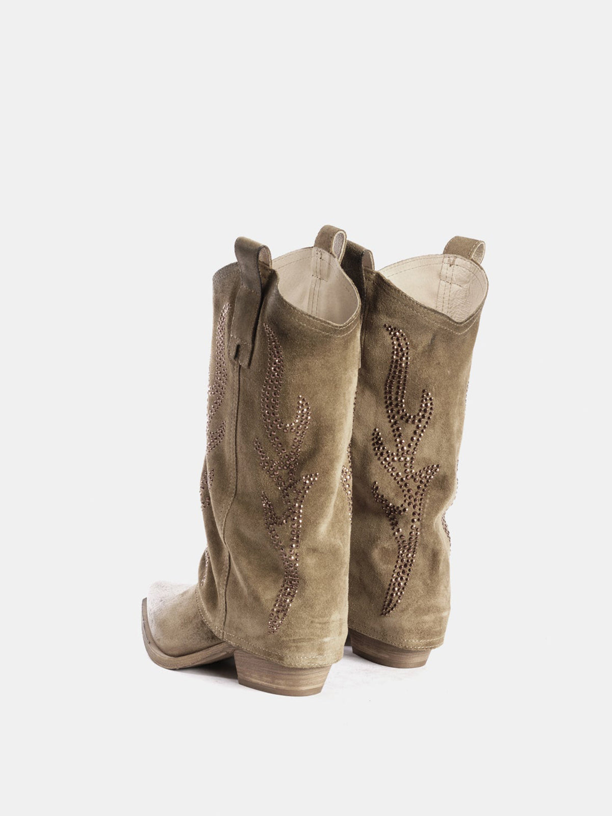 Dark Gray Faux Suede Snip-Toe Studded Fold-Over Mid Calf Cowgirl Boots