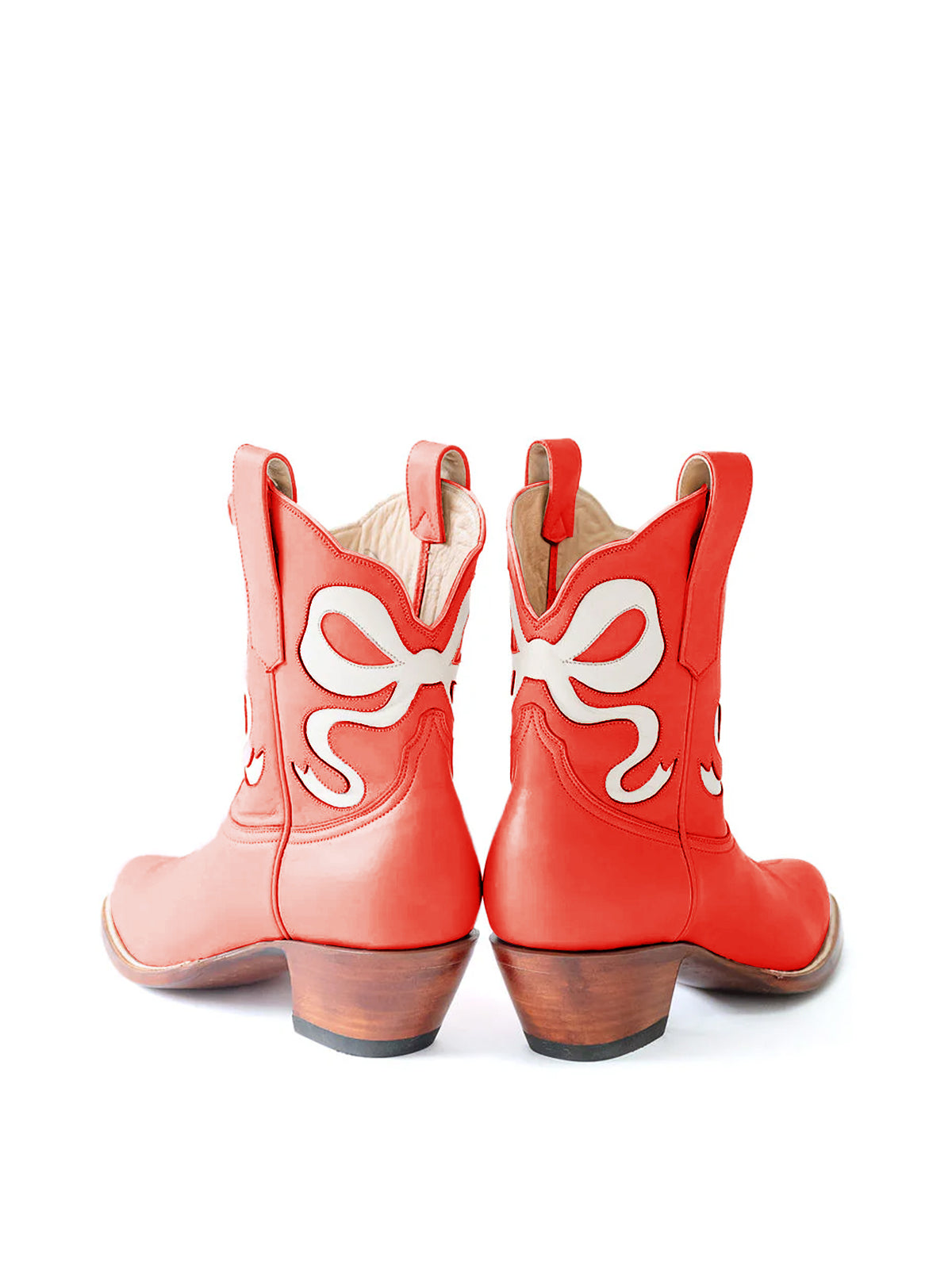 Red Almond-Toe Ankle Western Boots With White Bowknot Inlay