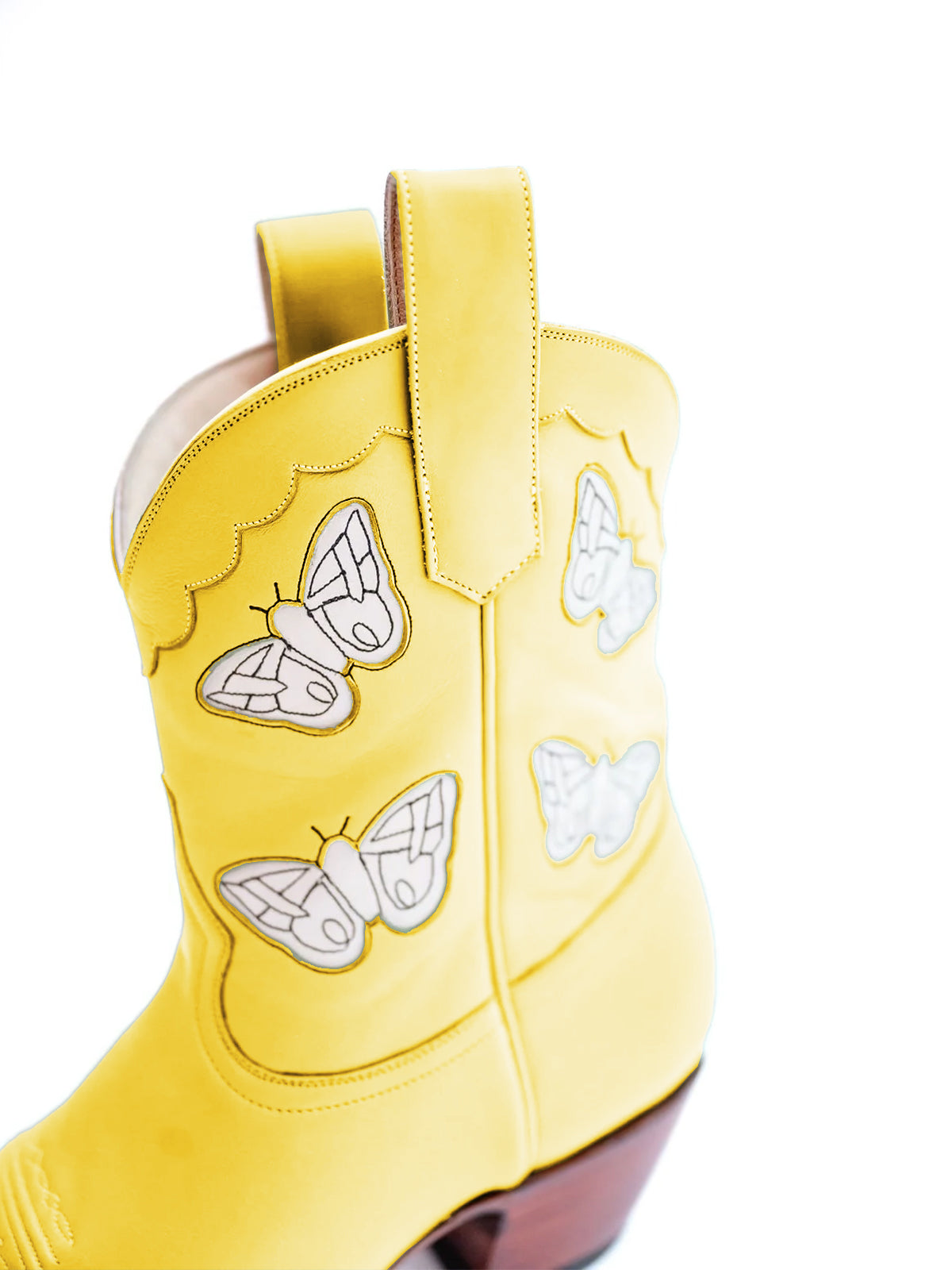 Yellow Almond-Toe Butterfly Inlay Ankle Cowgirl Boots