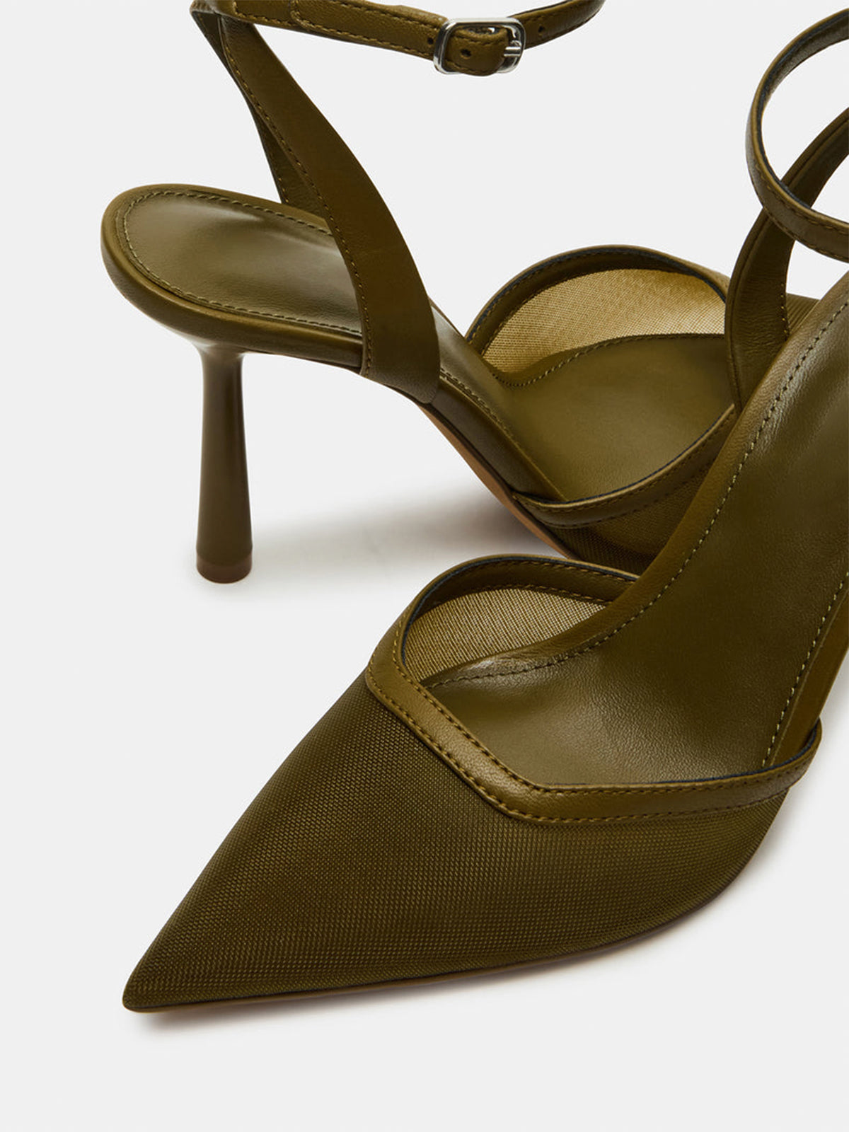 Mesh Pointed-Toe Ankle Strap Pumps High Heels - Brown