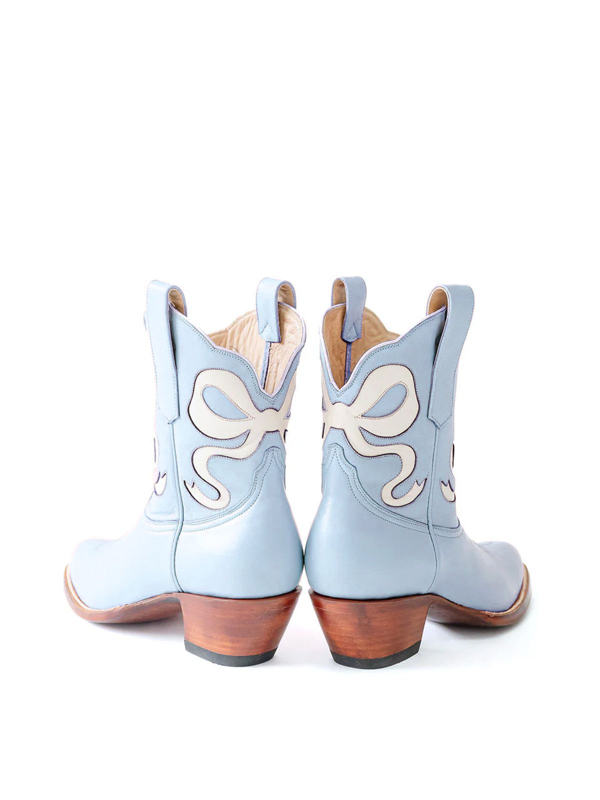 Blue Almond-Toe Ankle Western Boots With White Bowknot Inlay