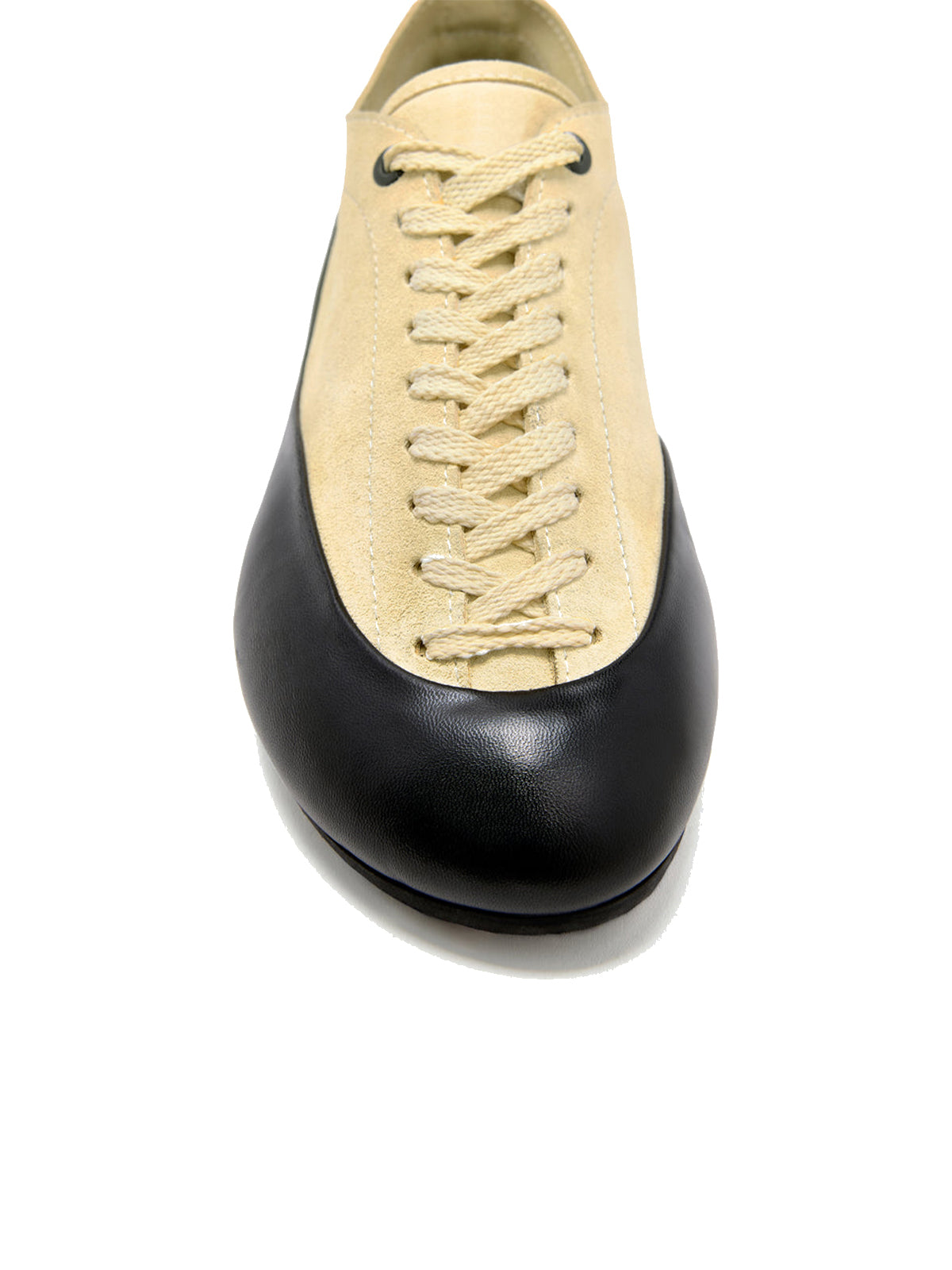 Black Vegan Leather And Beige Faux Suede Round-Toe Lace-Up Sneakers Flats