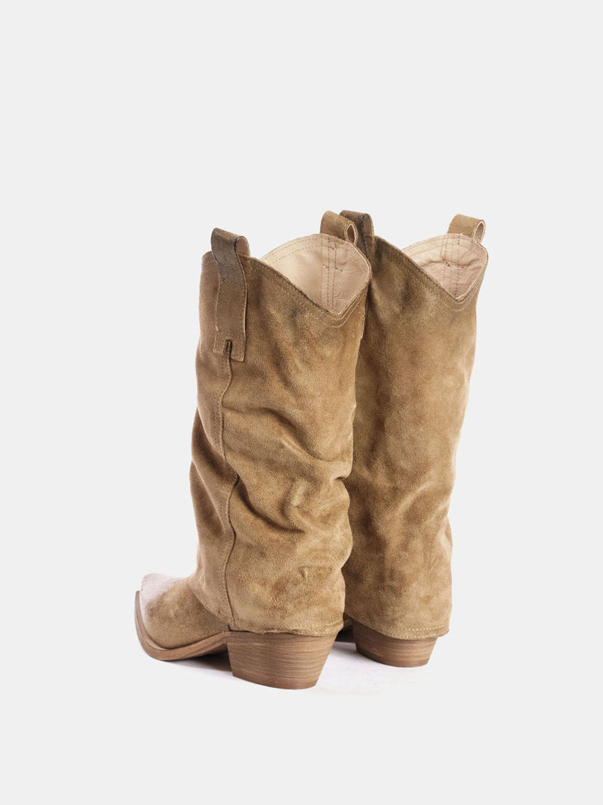 Tan Faux Suede Snip-Toe Mid Calf Fold-Over Cowgirl Boots