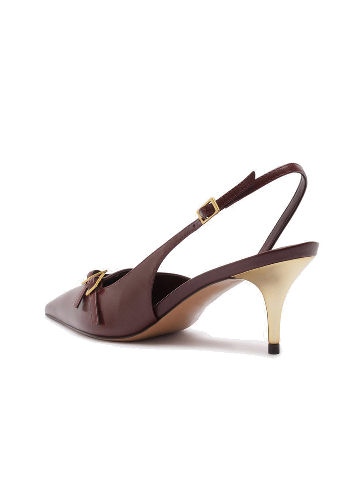 Burgundy Pointed-Toe Front Double Buckle Straps Buckle Slingback Kitten Heels
