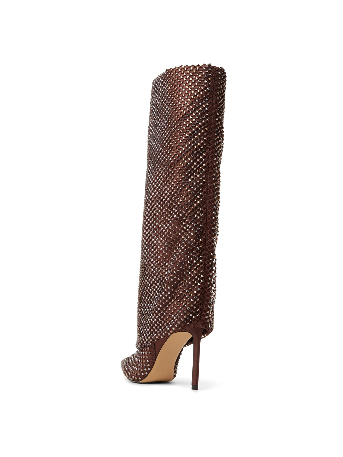 Dark Brown Mesh Satin Pointed-Toe Rhinestone Knee High Stiletto Boots