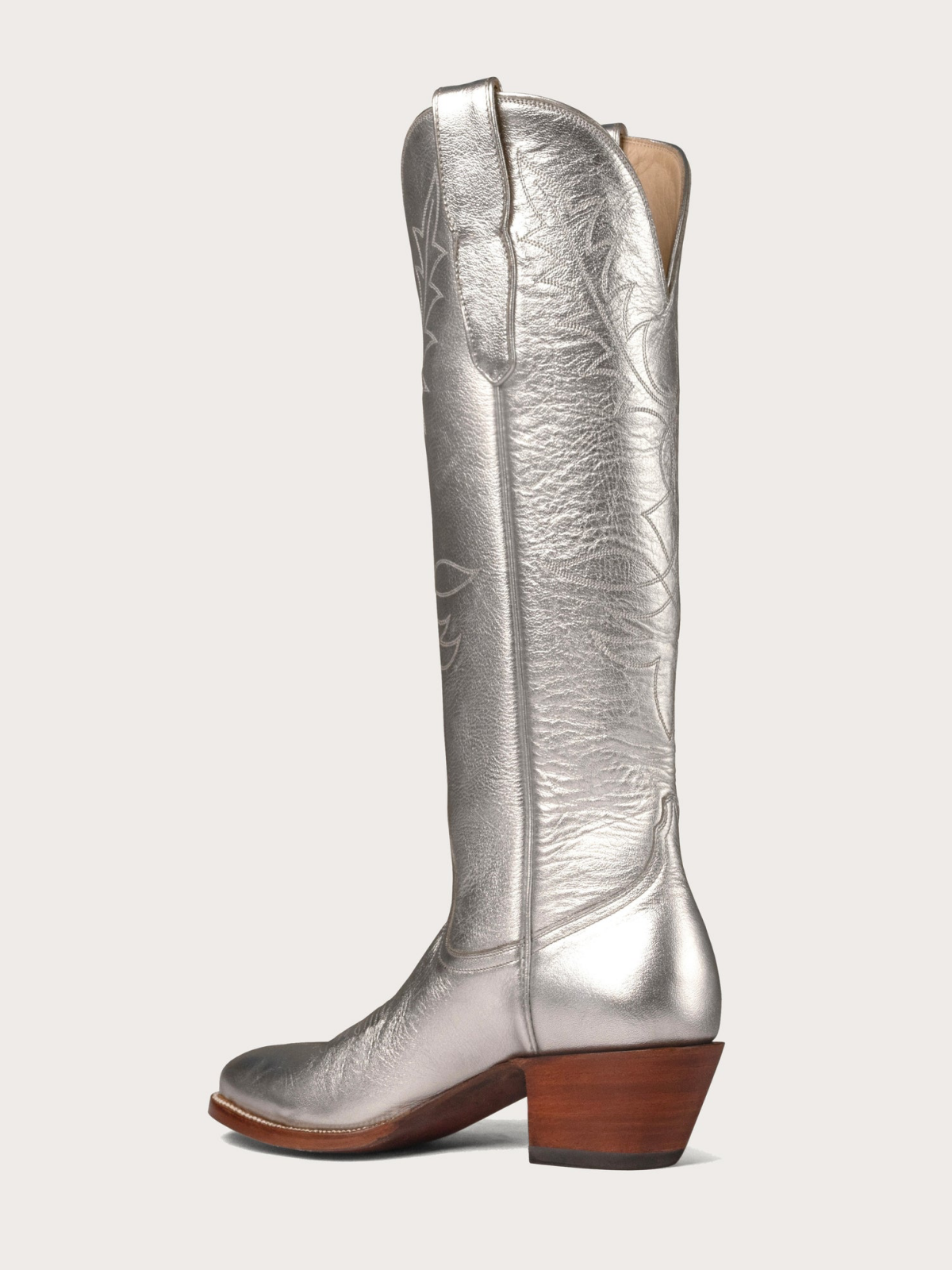 Metallic Silver Round-Toe Embroidery Wide Knee High Western Boots