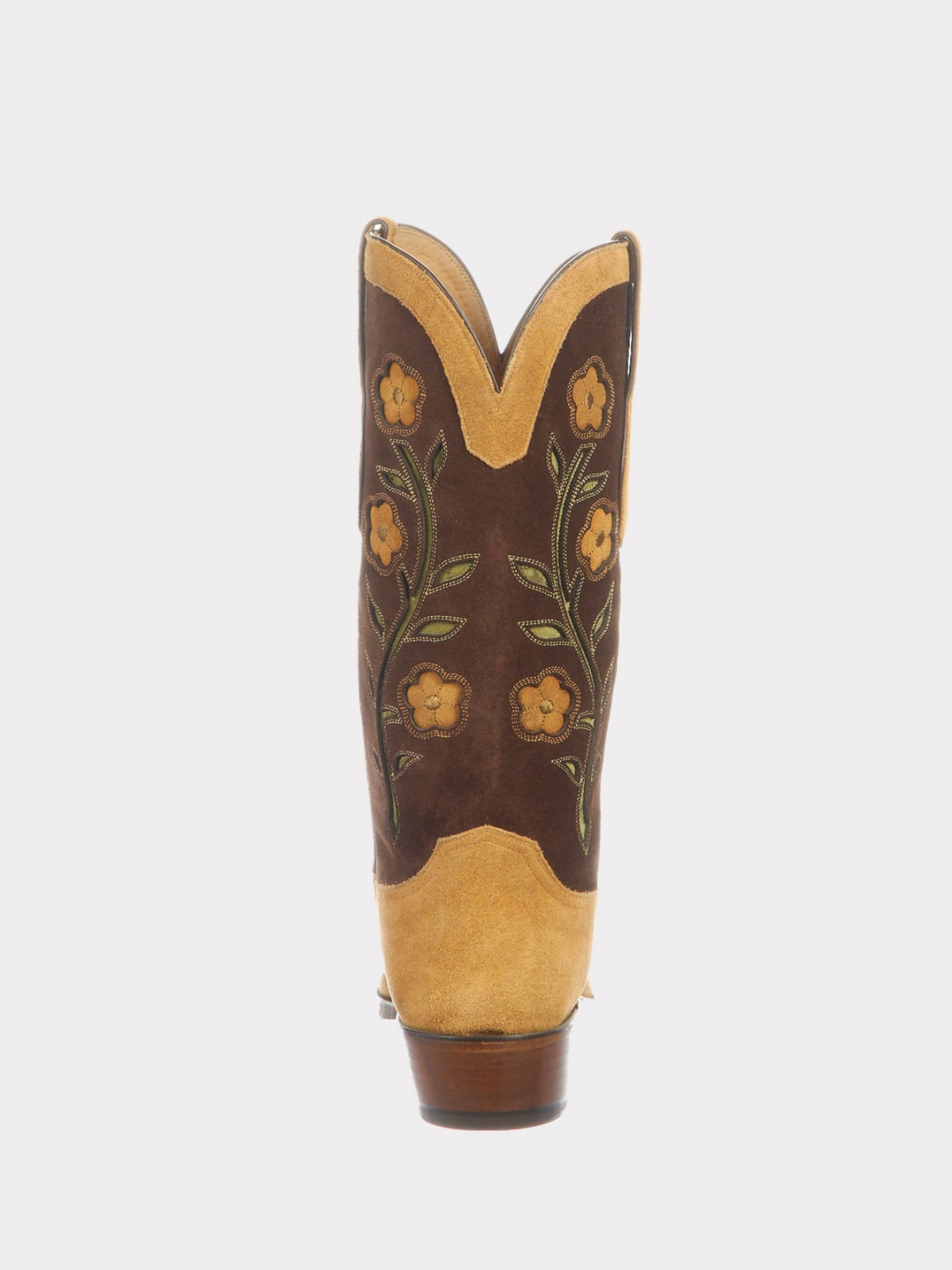 Floral Inlay Faux Suede Almond-Toe Wide Mid Calf Tall Cowgirl Boots - Contrast Brown And Tan