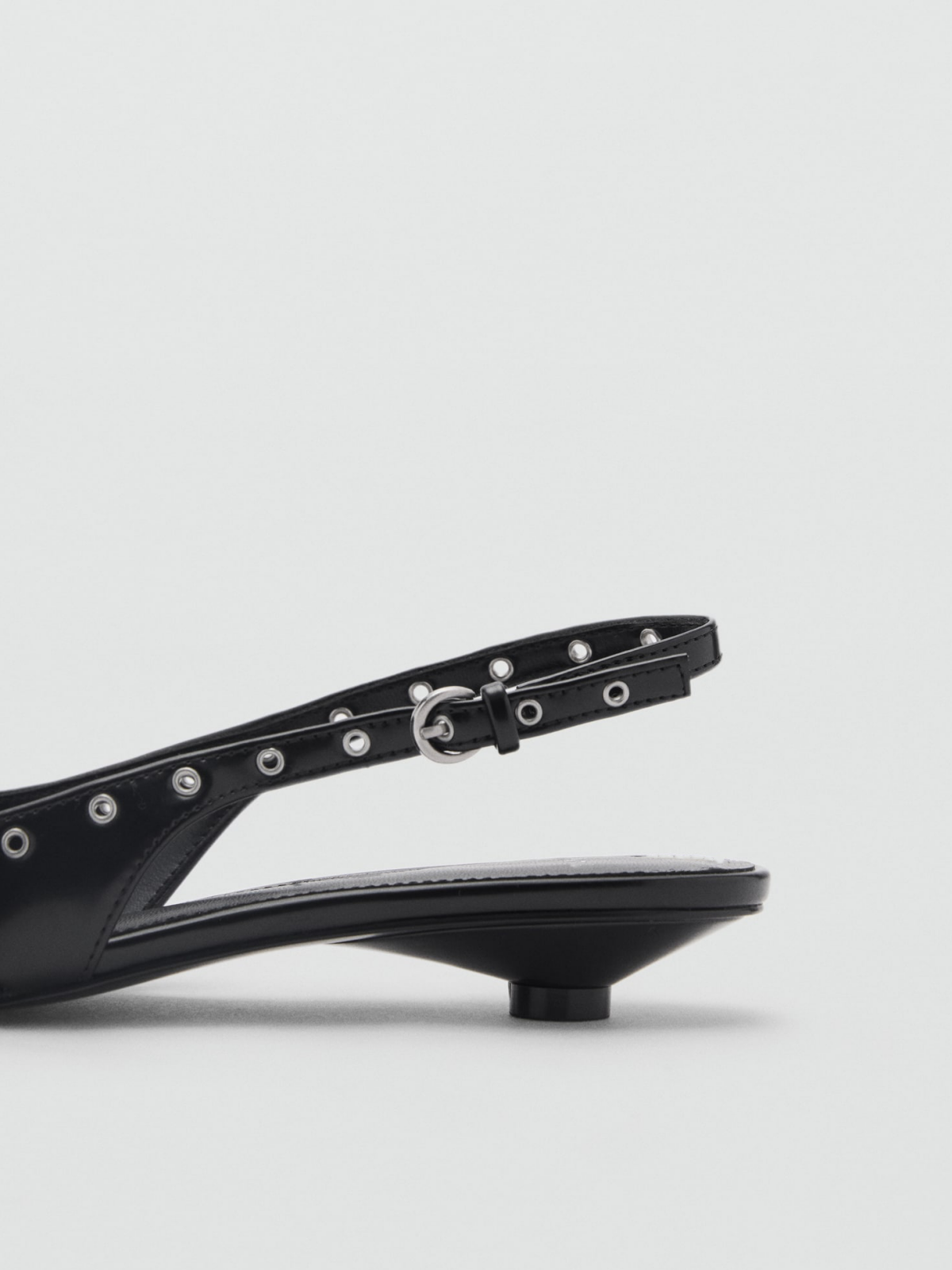 Black Pointed-Toe Laser-Cut Detail Double Front Strap Slingback Kitten Heels