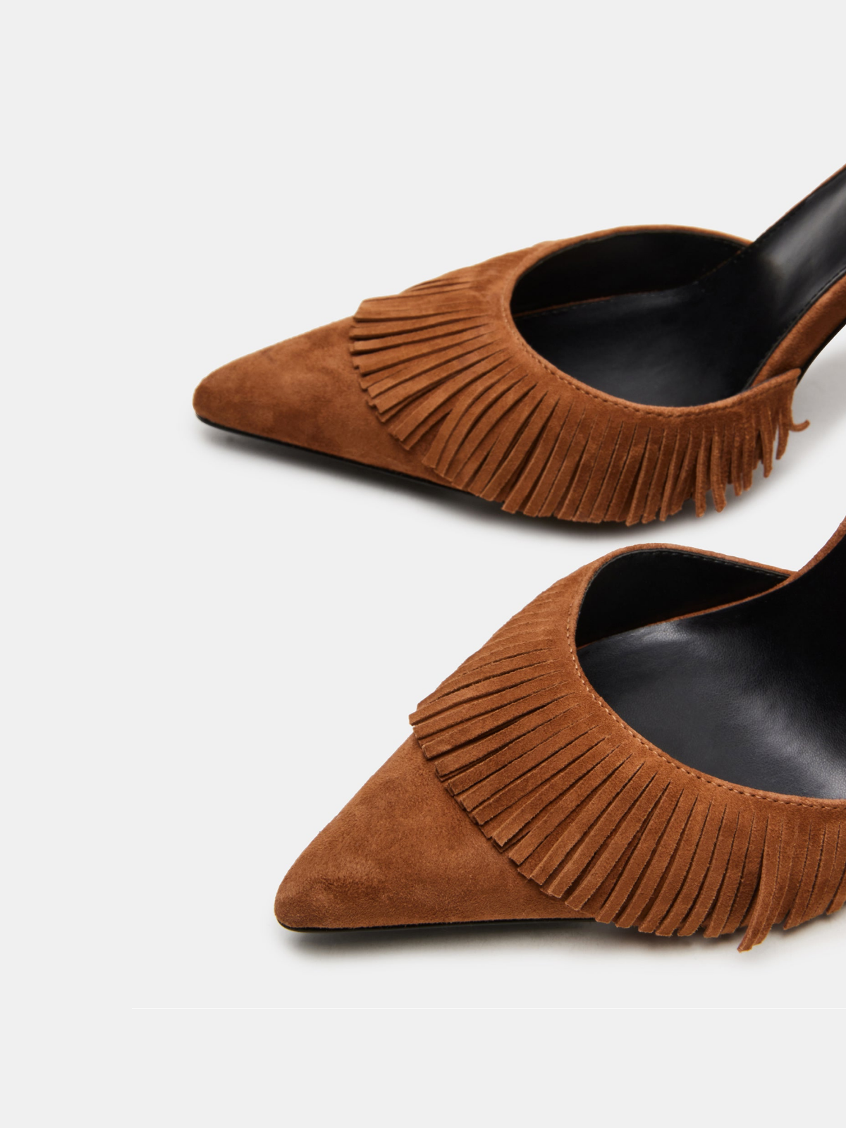 Brown Faux Suede Pointed-Toe Fringe Ankle Strap Pump High Heels