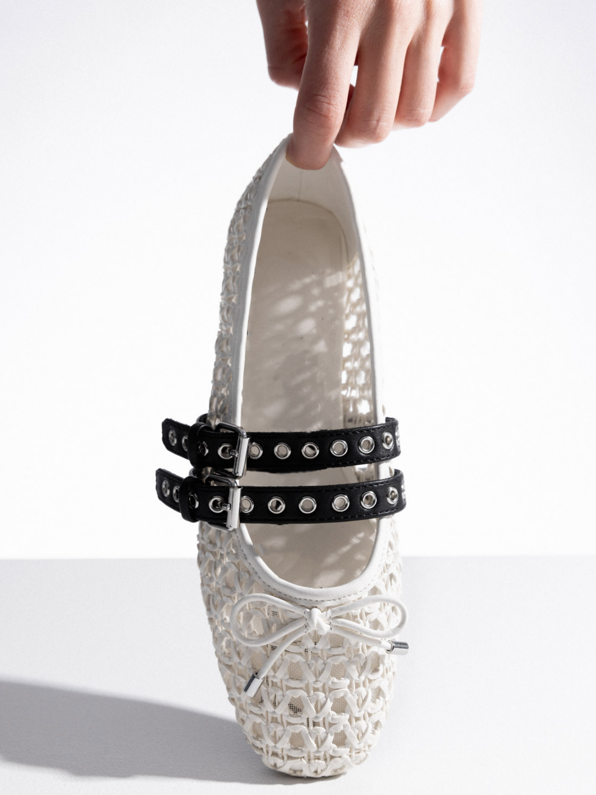 White Raffia Woven Bow Ballet Flats Mary Janes With Grommet Buckled St ...