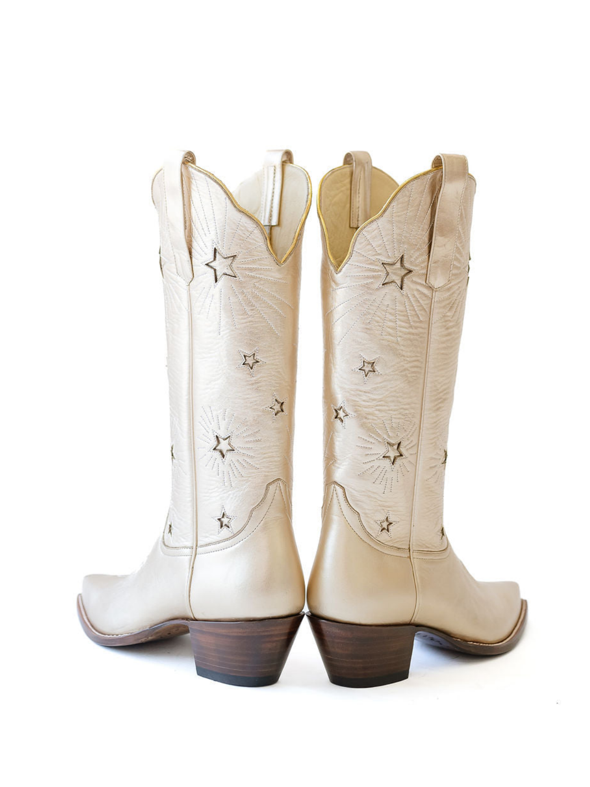 Metallic Gold Snip-Toe Wide Calf Knee High Cowgirl Boots With Stars Inlay