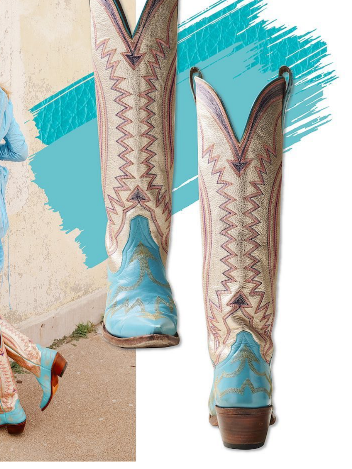 Contrast Blue And Metallic Rose Gold Embroidery Wide Knee High Cowgirl Boots