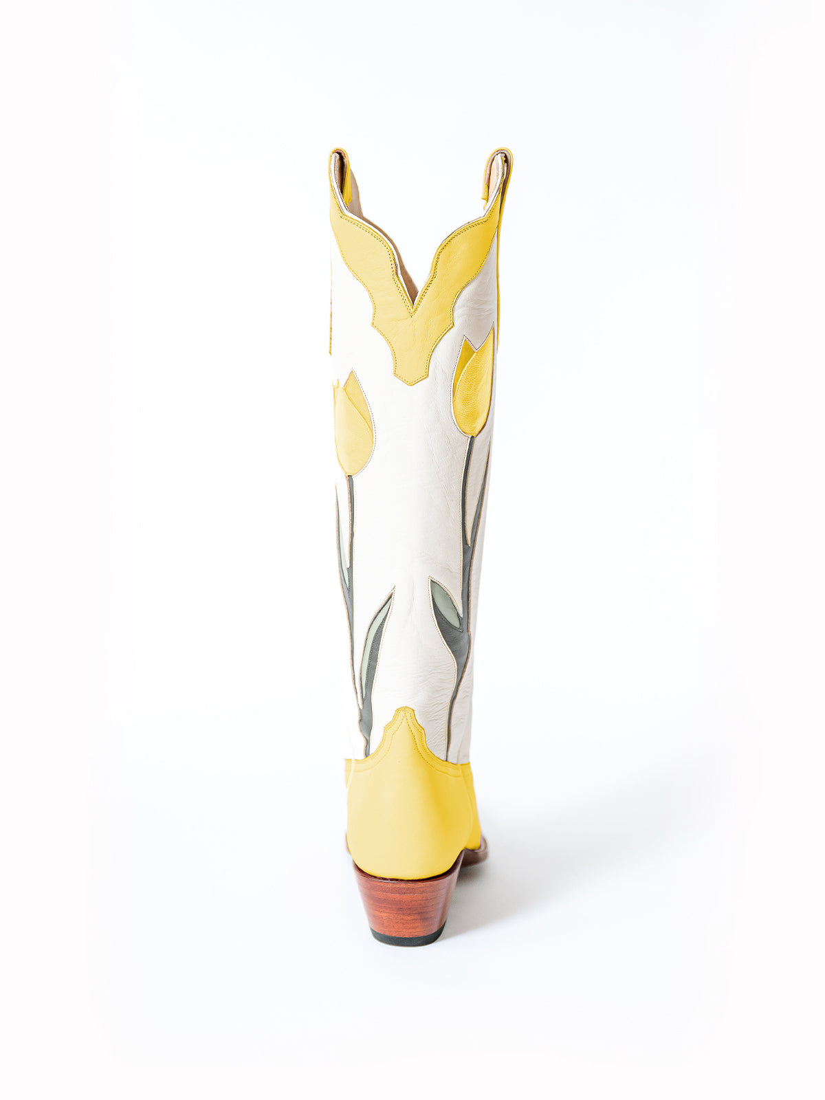 Contrast Yellow And White Almond-Toe Tulip Inlay Wide Calf Knee High Cowgirl Boots
