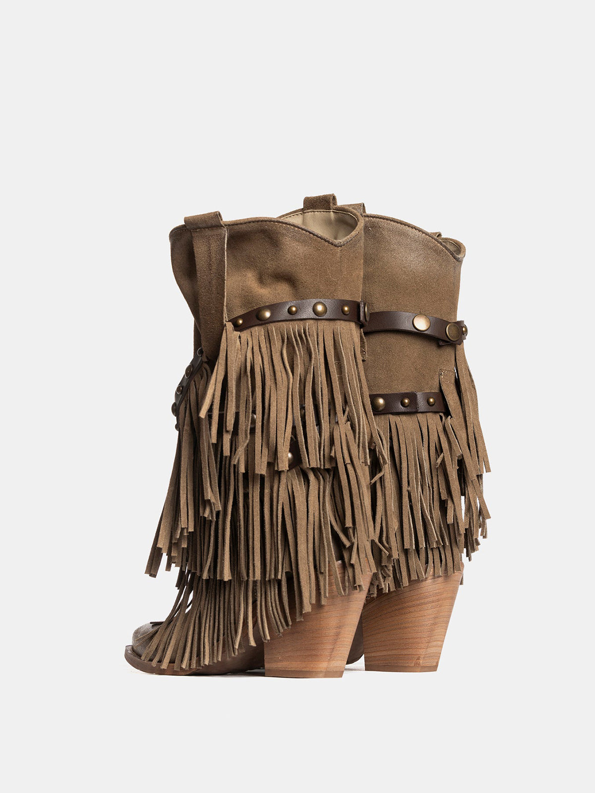 Brown Faux Suede Snip-Toe Studded Straps Fringe Mid Calf Cowgirl Boots