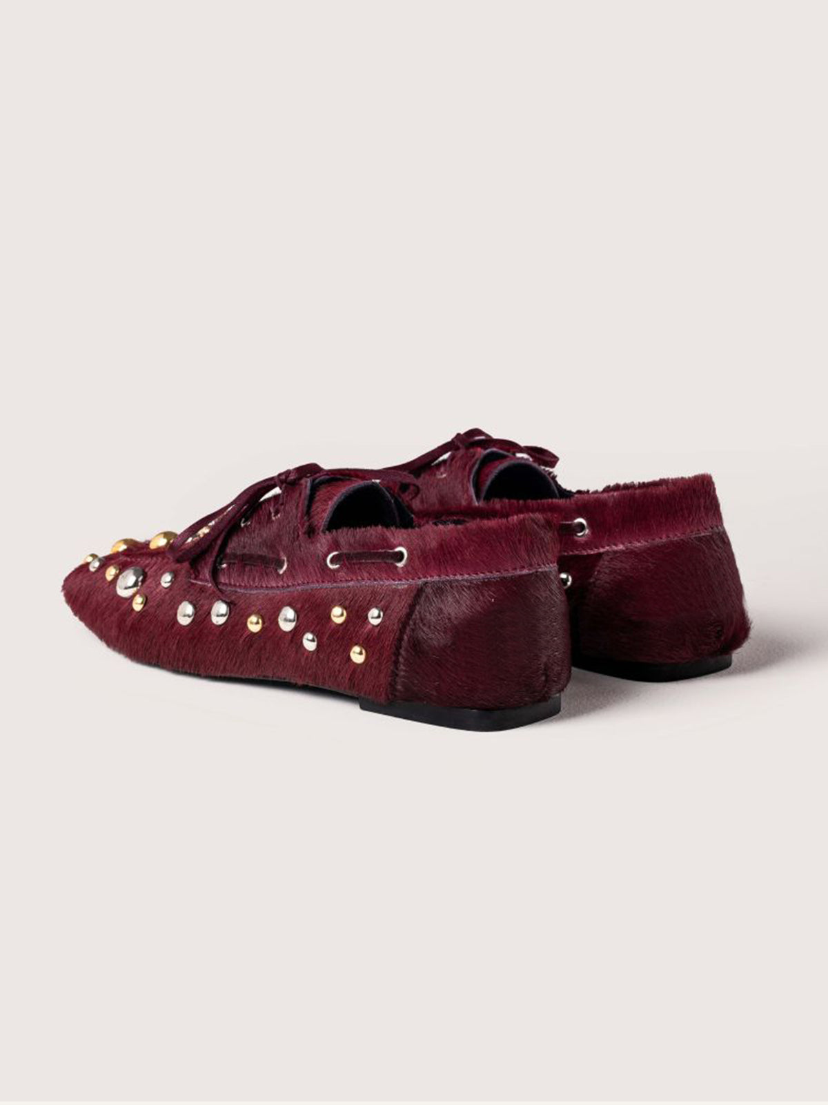 Burgundy Pony Hair Vegan Leather Square-Toe Studs And Bow Flats