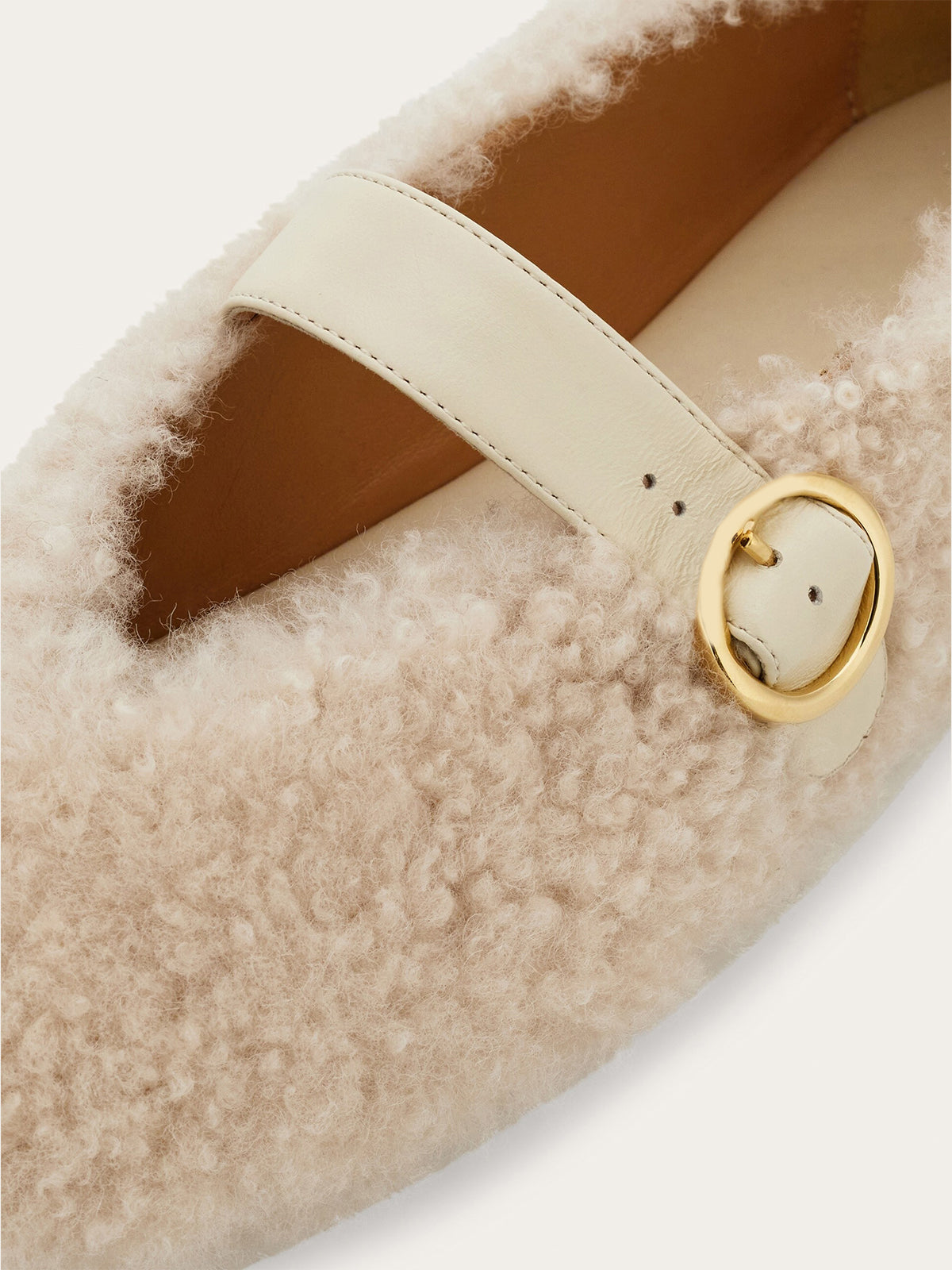 Cream Plush Square-Toe Vegan Leather Bridge Strap Ballet Flats