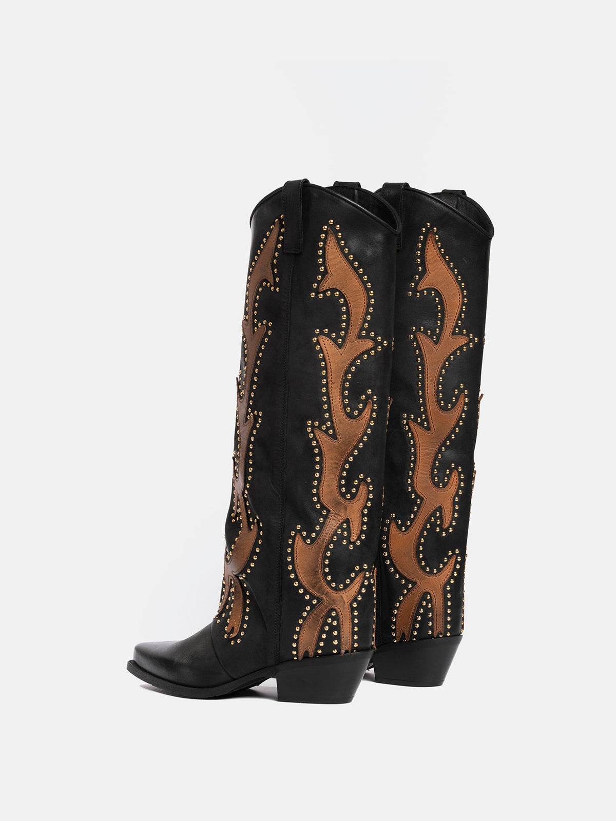 Black Snip-Toe Inlays Studs Wide Calf Knee High Cowgirl Boots