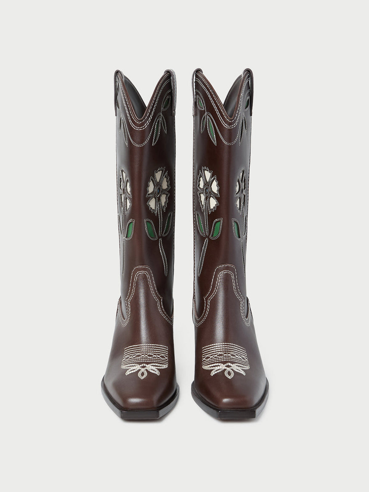 Coffee Square-Toe White Flowers Inlay Chic Mid Calf Cowgirl Boots