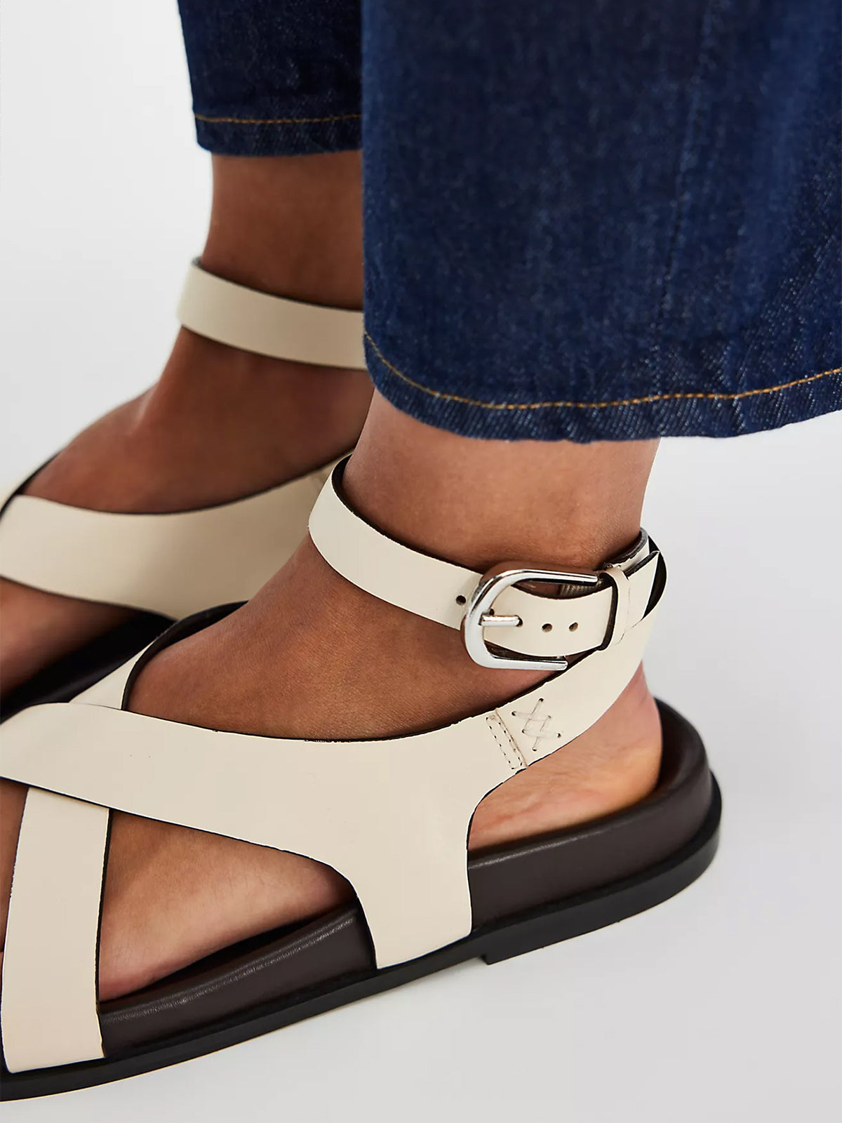 Ecru Round-Toe Criss-Cross And Ankle Straps Footbed Sandals