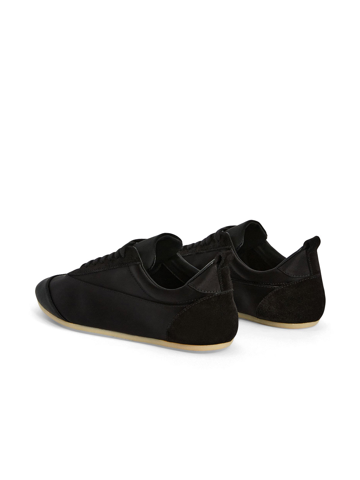 Black Satin And Faux Suede Round-Toe Lace-Up Sneakers Flats