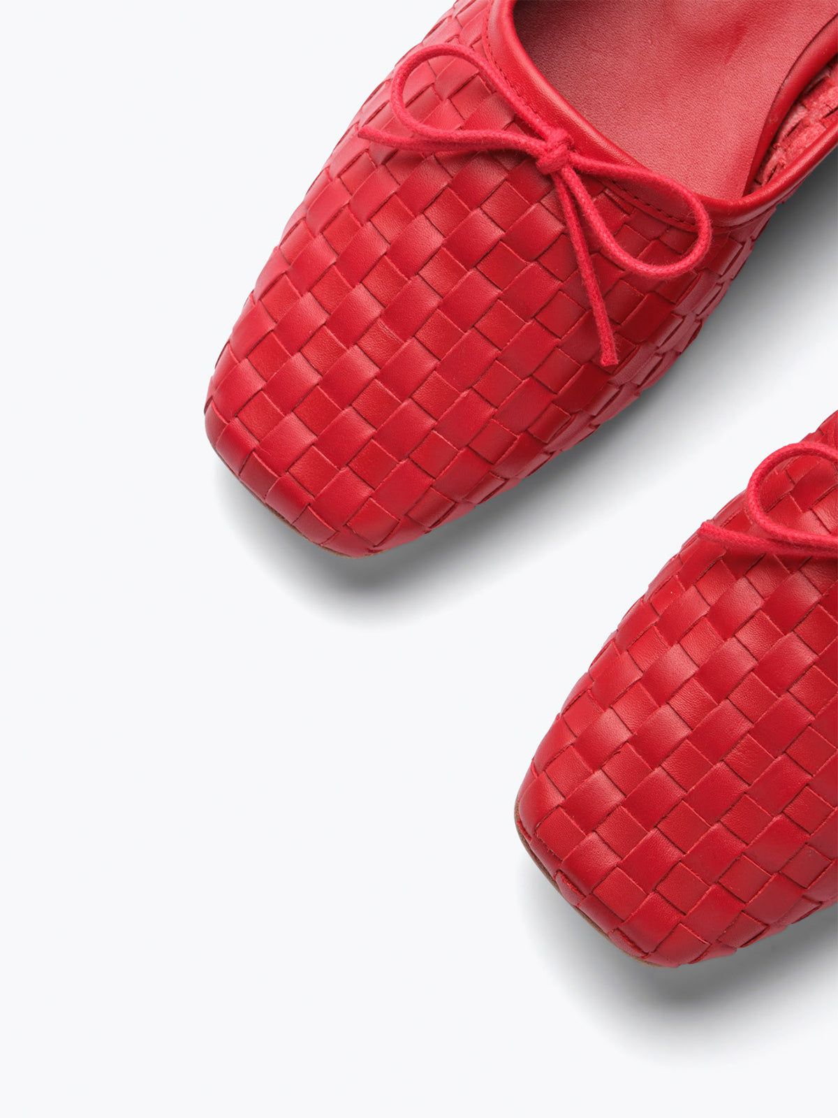 Vegan Leather Woven Square-Toe Bow Ballet Flats - Red