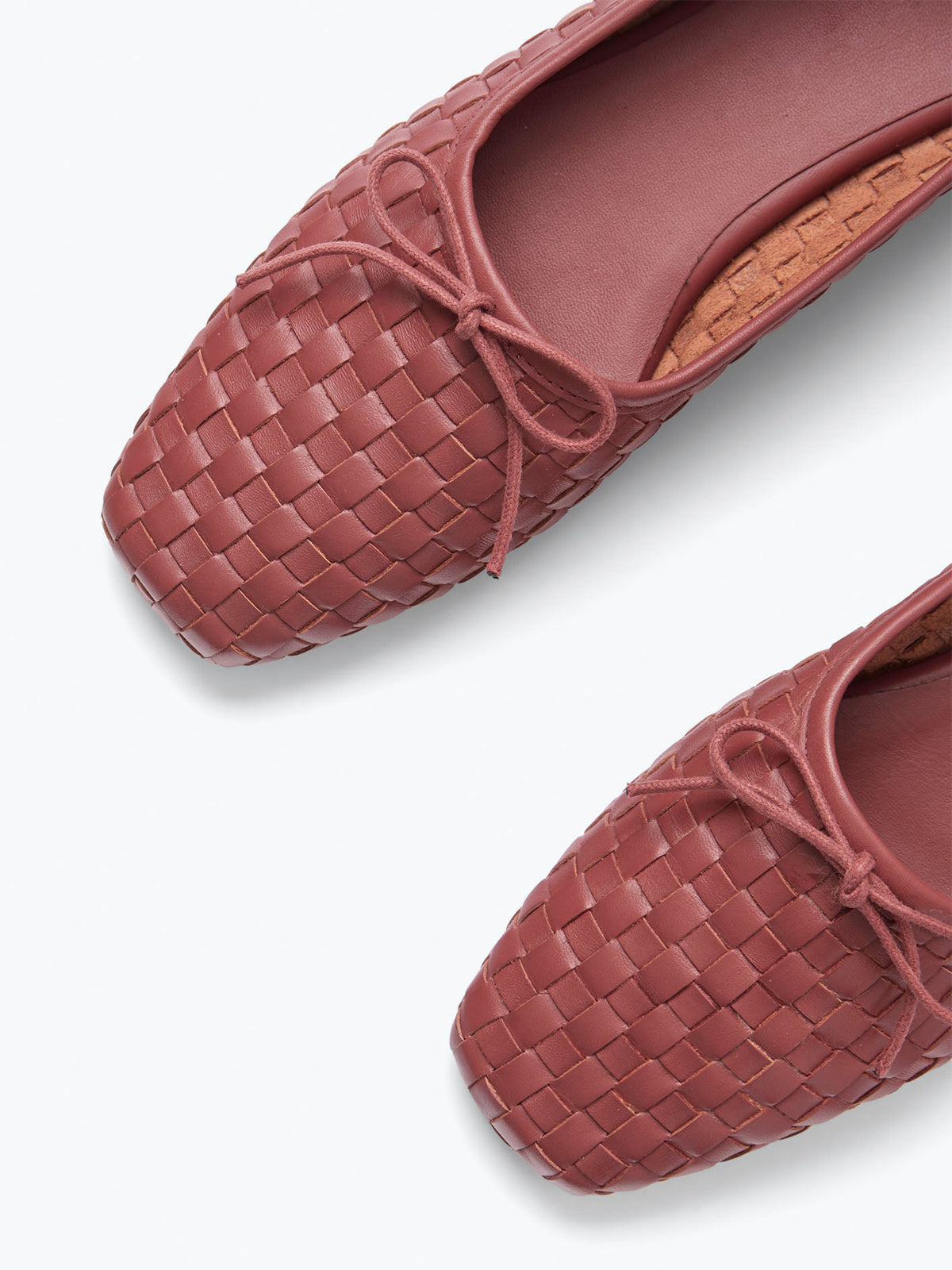 Brick Red Woven Vegan Leather Square-Toe Front Bow Slip-On Ballet Flats