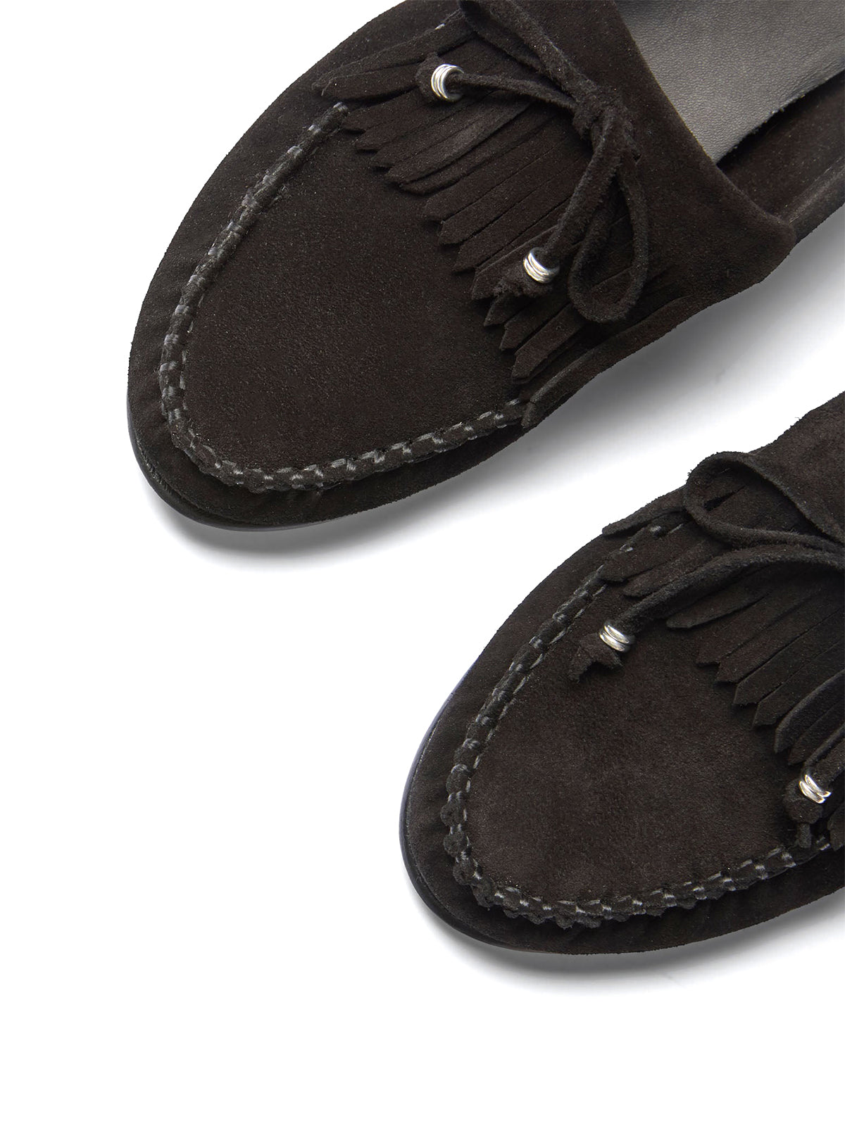 Black Cow Suede Round-Toe Front Fringe And Bow Loafers Flats