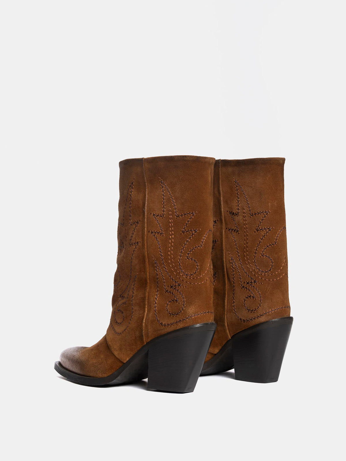 Brown Snip-Toe Faux Suede Embroidery Mid Calf Cowgirl Boots