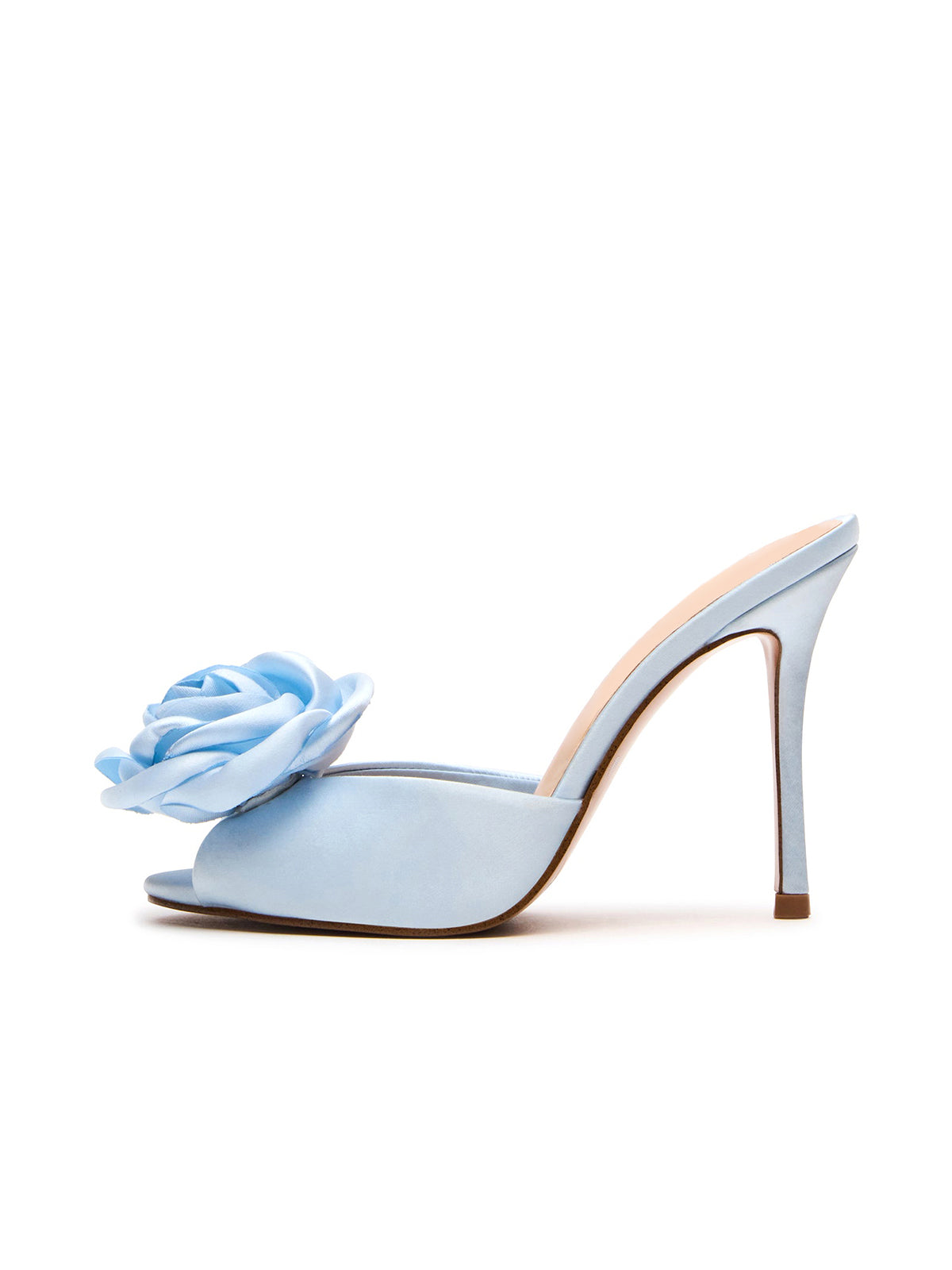 Blue Satin Round-Toe Backless High Heels With A Large Flower