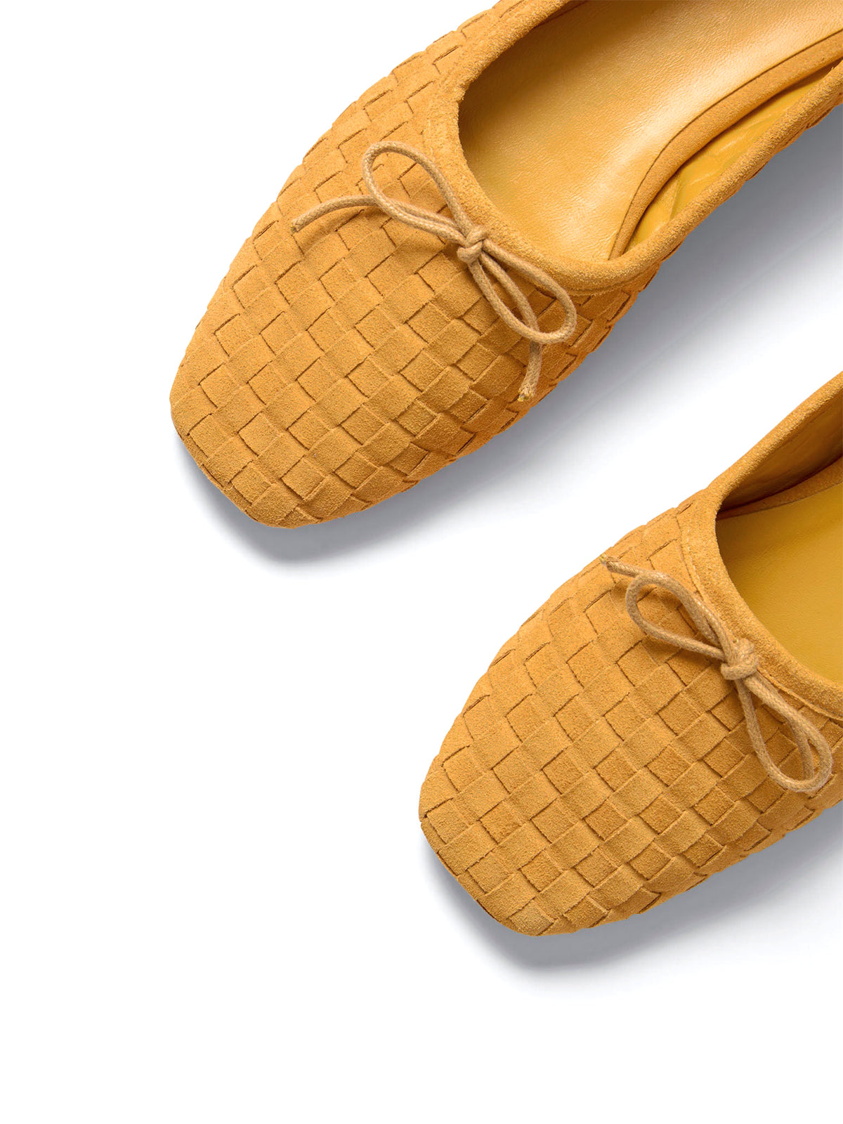 Yellow Woven Faux Suede Square-Toe Front Bow Ballet Flats