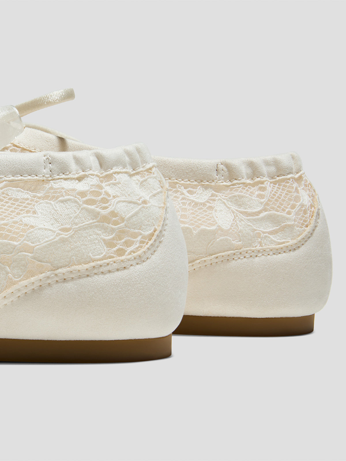 Cream Lace Mesh And Faux Suede Square-Toe Floral Embroidery Lace-Up Flats