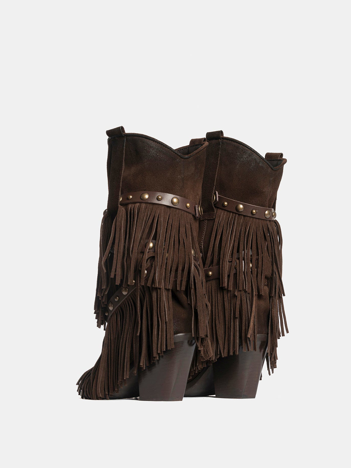 Dark Brown Faux Suede Snip-Toe Studded Straps Fringe Mid Calf Cowgirl Boots