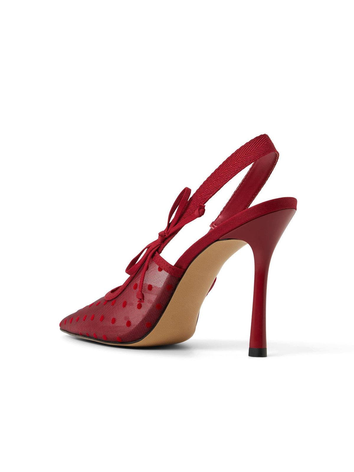 Red Mesh Pointed-Toe Satin Slingback With Bow High Heels