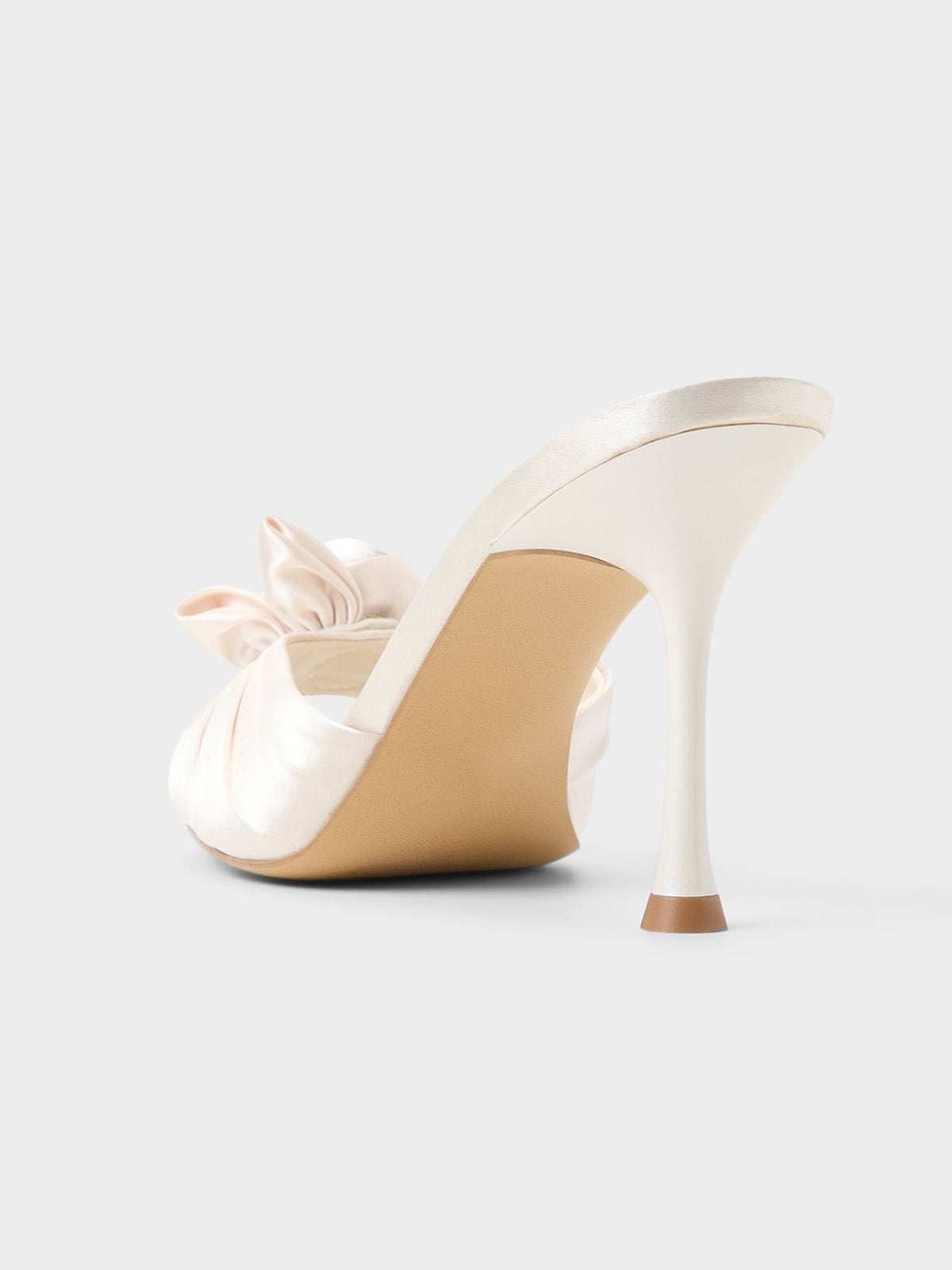 Ivory Satin Peep Round-Toe Front Rose Detail Slip-On High Heels