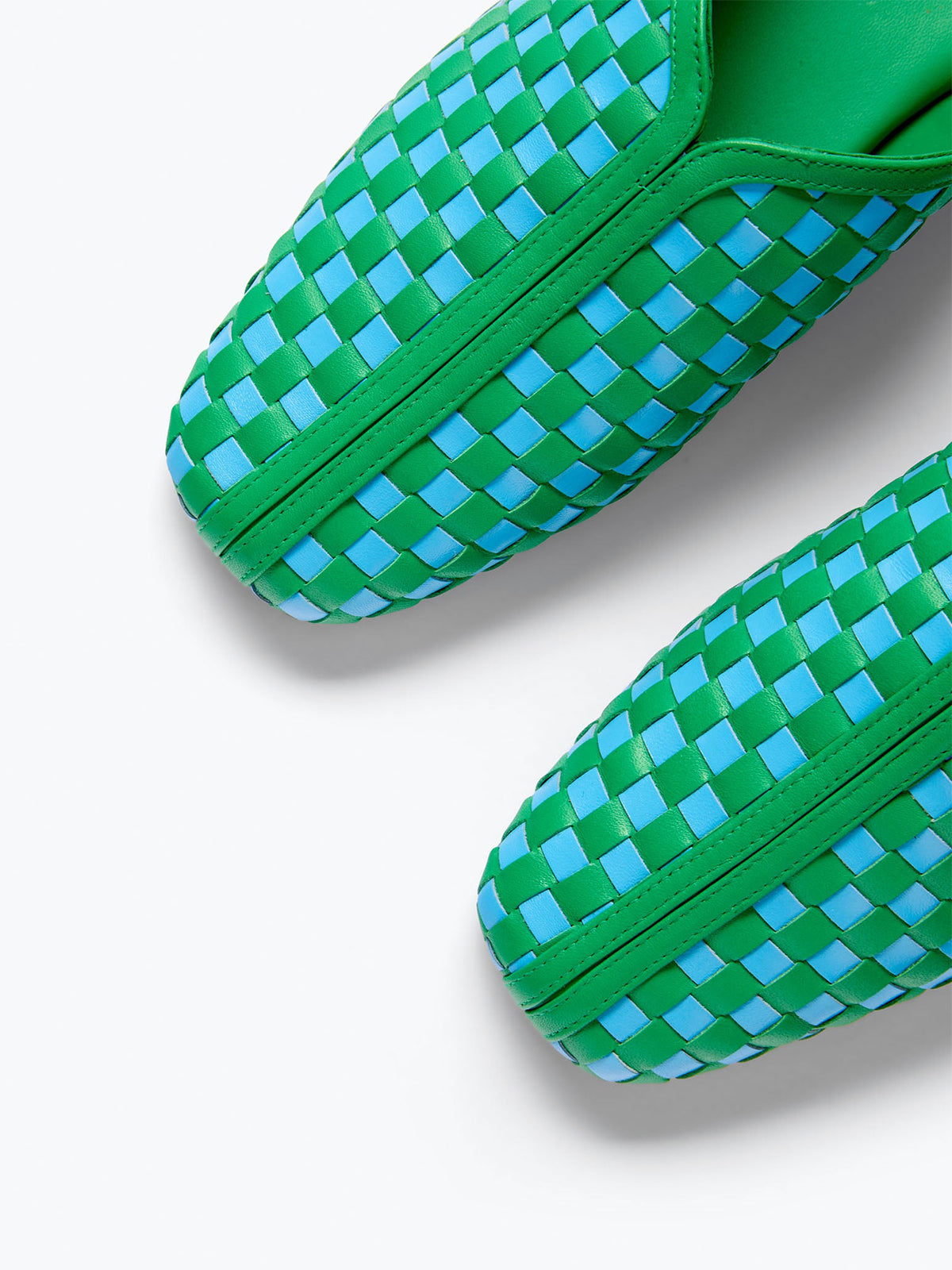 Green And Blue Woven Vegan Leather Square-Toe Simple Backless Slide Flats
