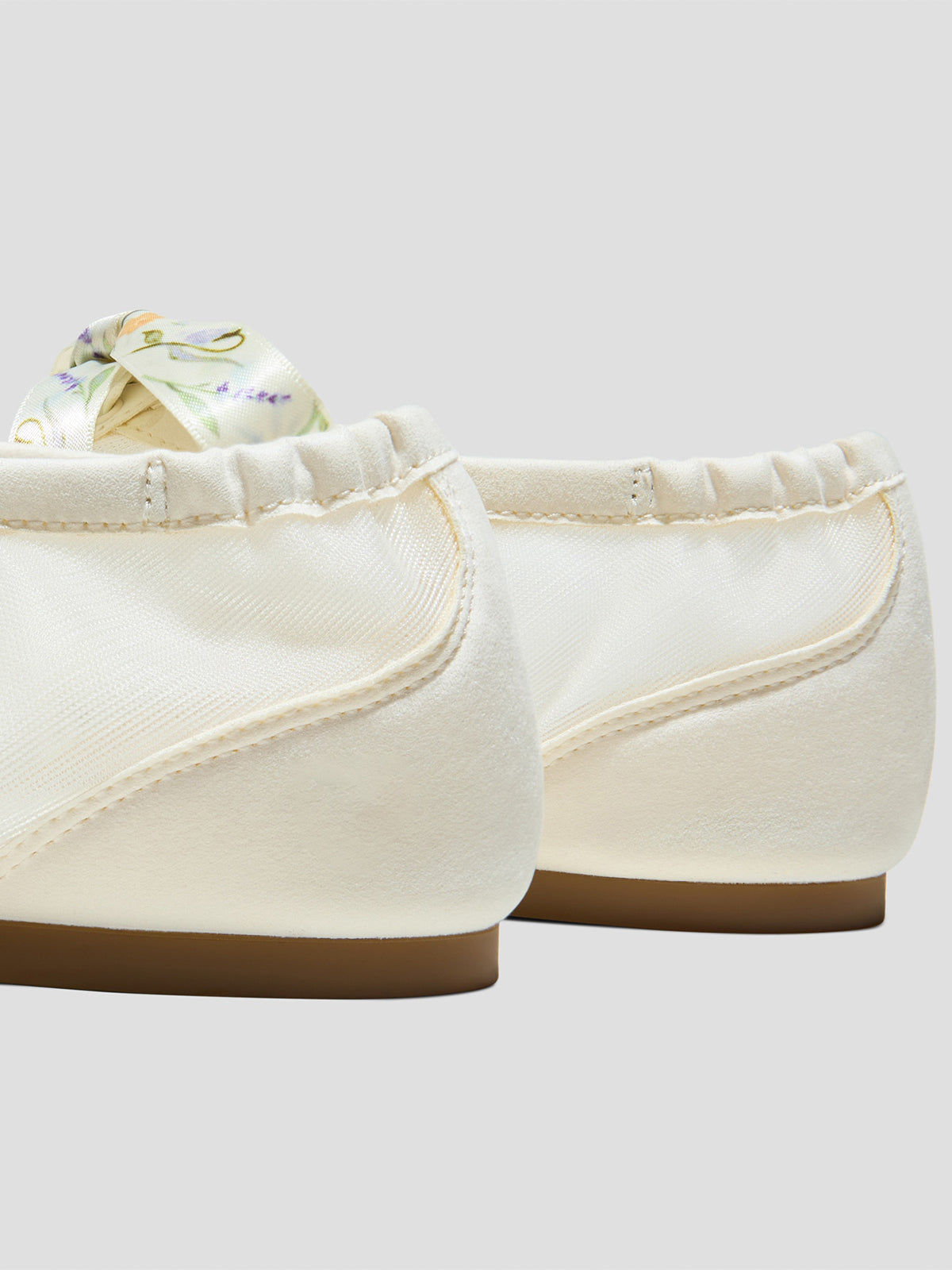 Cream Mesh And Faux Suede Square-Toe Floral Embroidery Bridge Bow Strap Flats